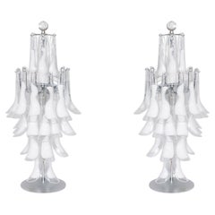 Paire de lampes de table en verre de Murano, blanches et chromées, années 1980