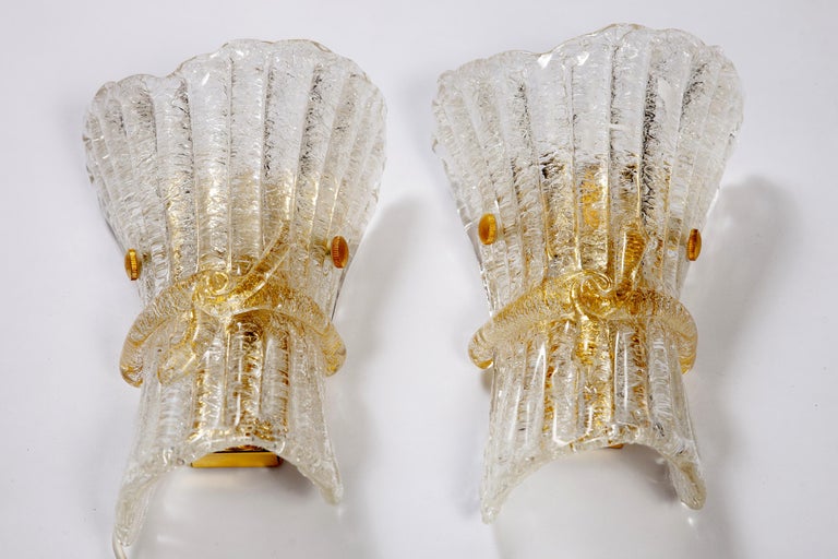 Mid-Century Modern Pair of Italian Murano Glass Wall Sconces by Barovier & Toso, 1970 For Sale