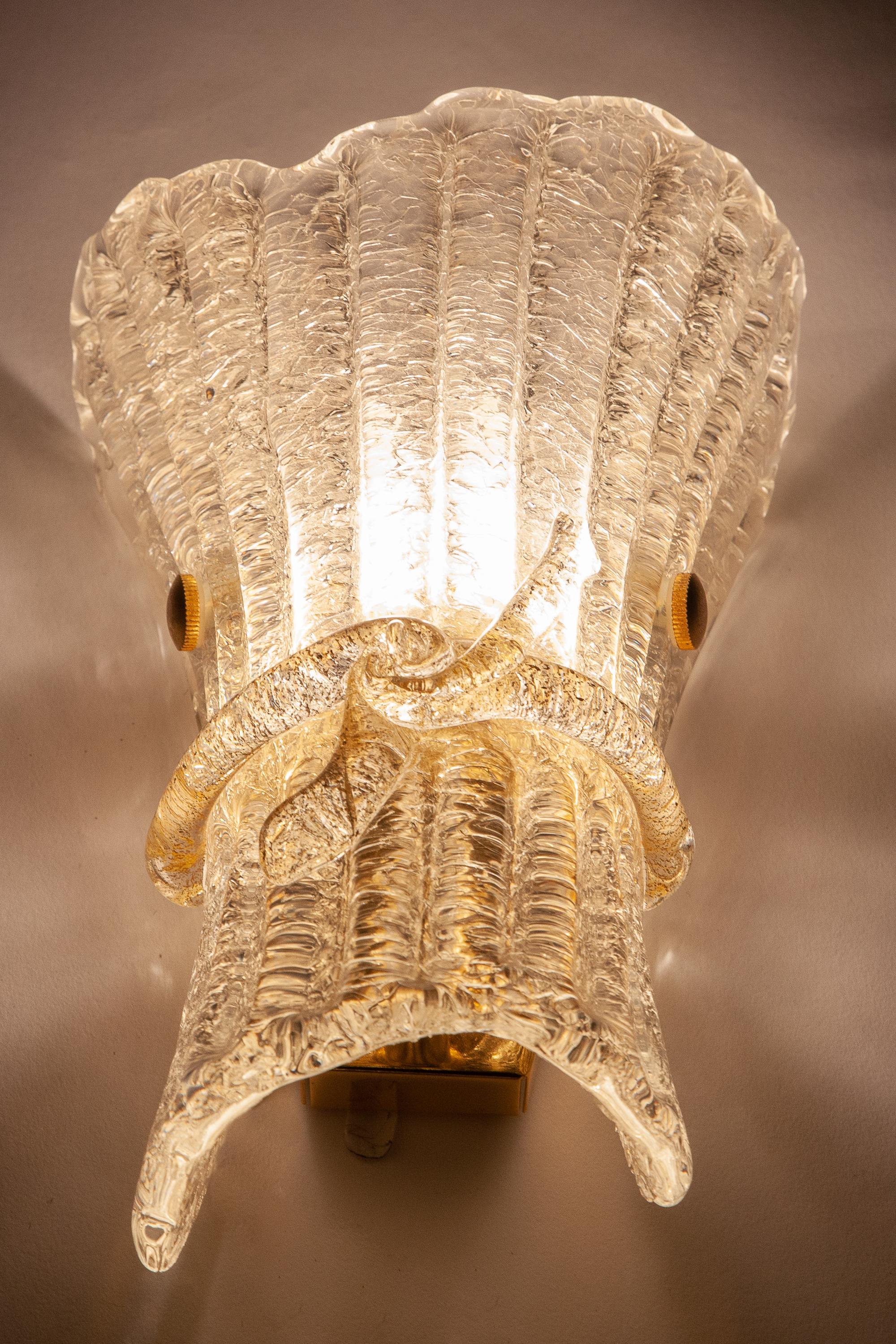 Brass Pair of Italian Murano Glass Wall Sconces by Barovier & Toso, 1970 For Sale