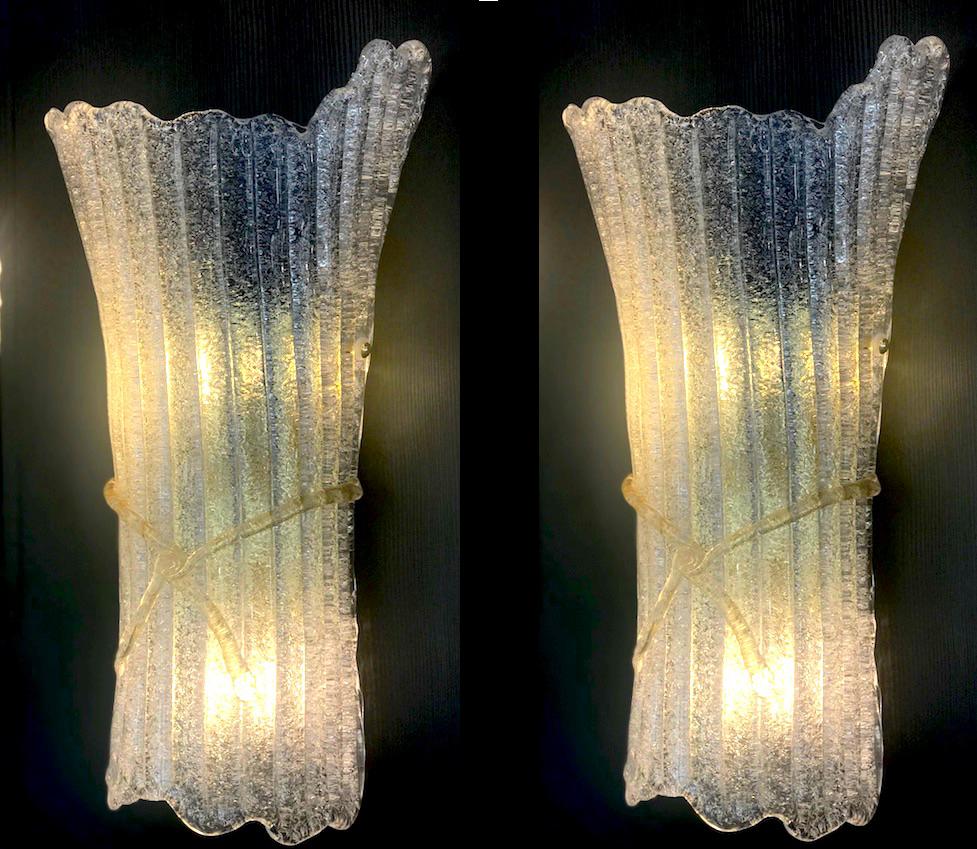 Brass Pair of Italian Murano Glass Wall Sconces by Barovier & Toso, 1970 For Sale