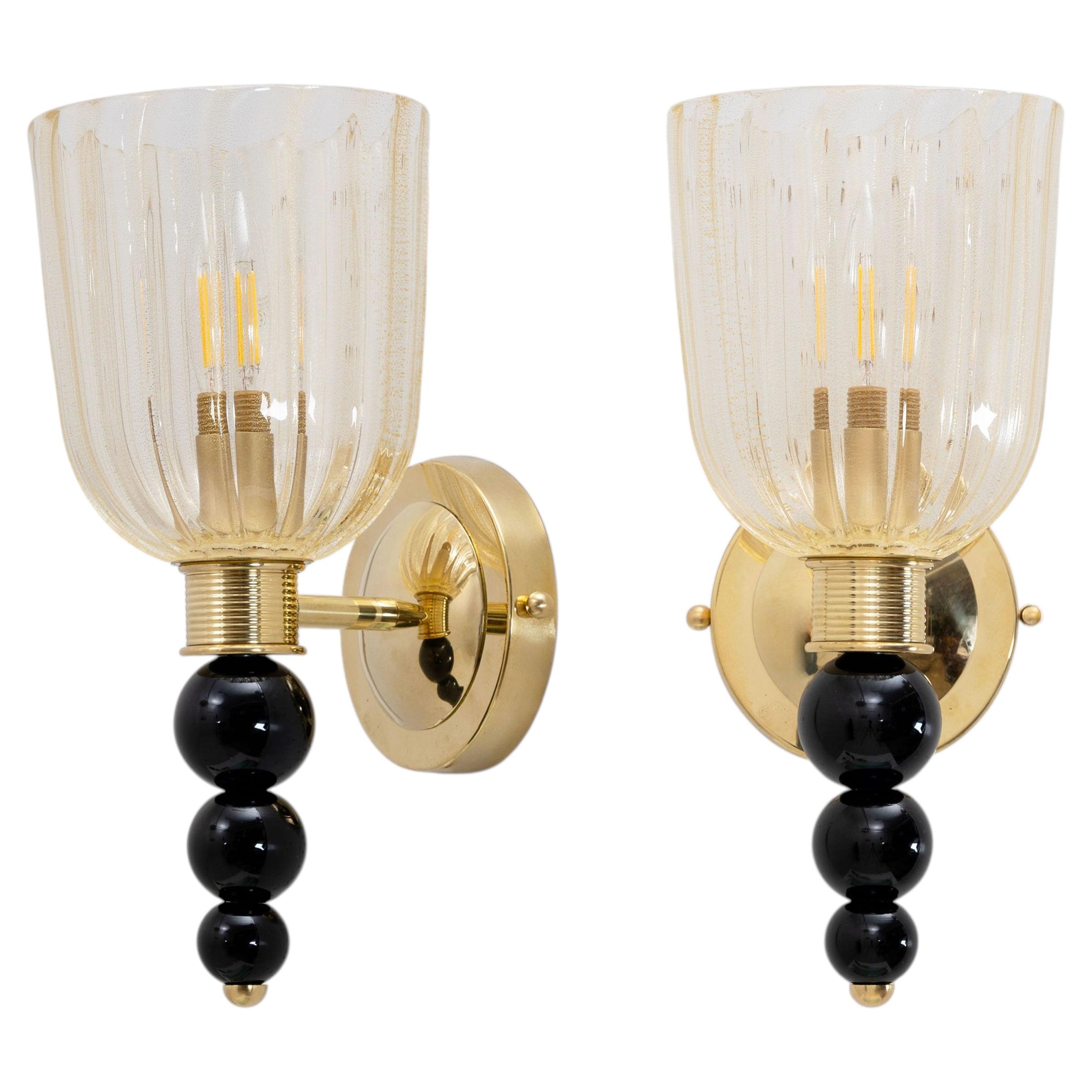 Pair of Italian Murano Glass Wall Sconces with Gold Dust Inclusions and Brass