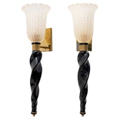 Pair of Italian Murano Glass Wall Sconces with Gold Dust Inclusions and Brass