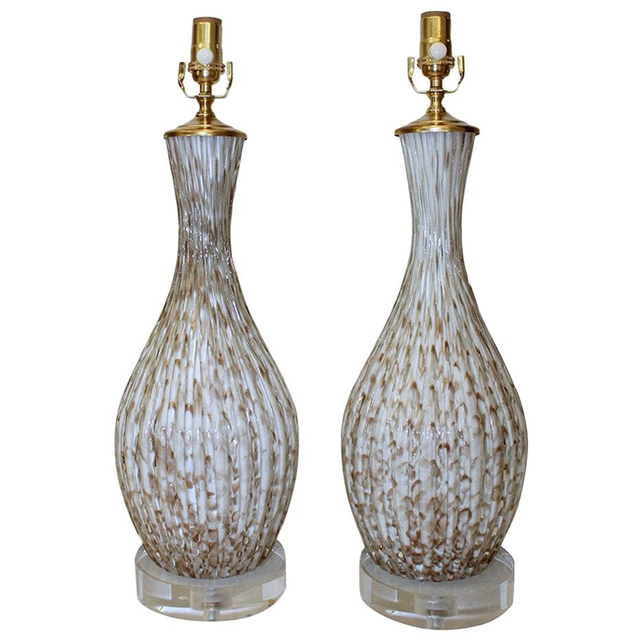 Pair of Italian Murano Glass White Table Lamps with Aventurine