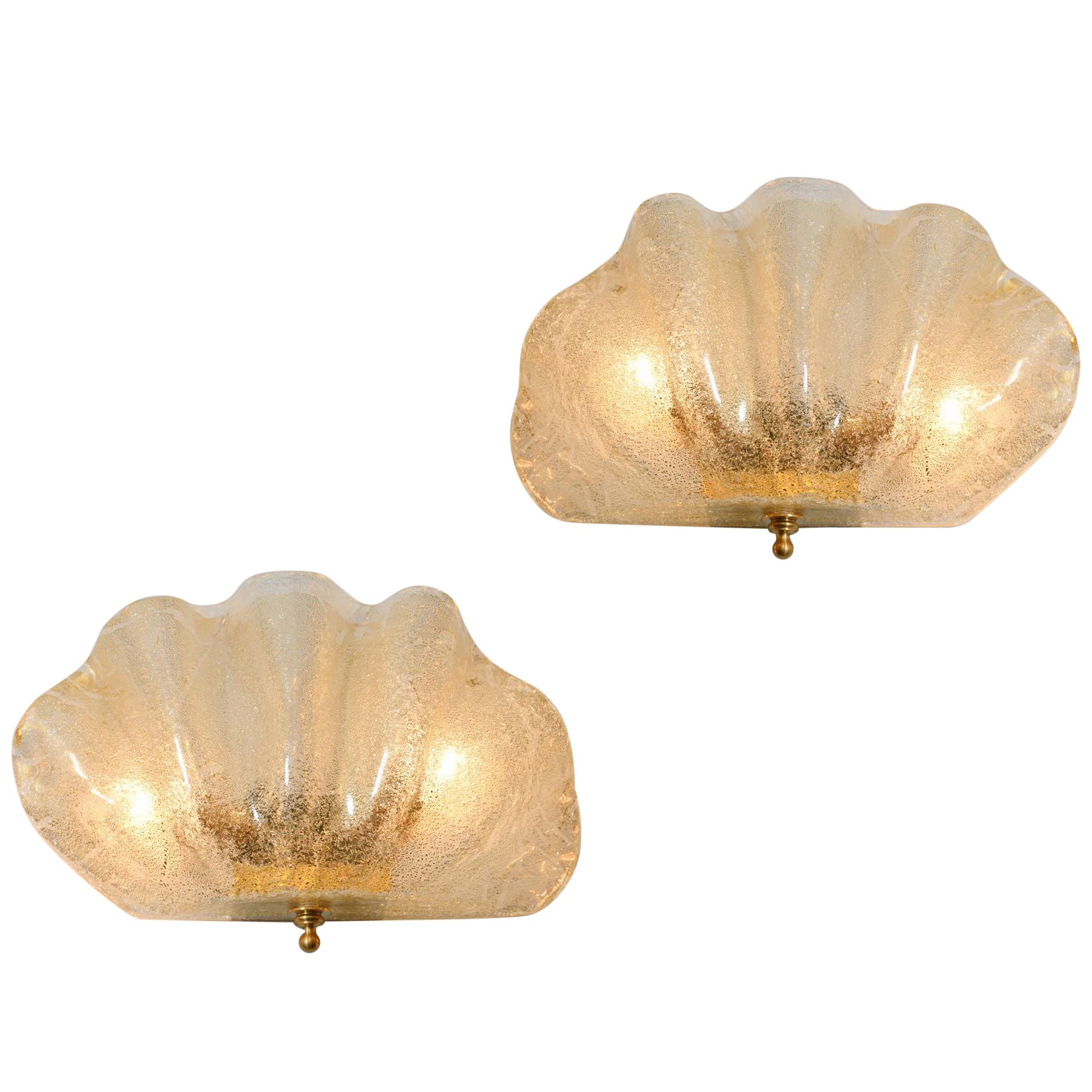 Pair of Italian Murano gold flecked Clam Shell Wall Lights For Sale