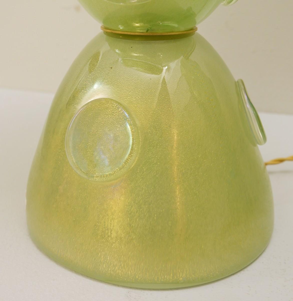 Murano Glass Pair of Italian Murano Golden Iridescent Green Glass Table Lamps