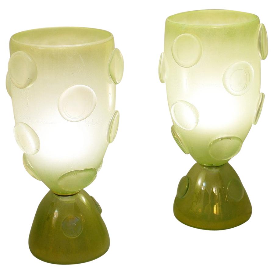 Pair of Italian Murano Golden Iridescent Green Glass Table Lamps