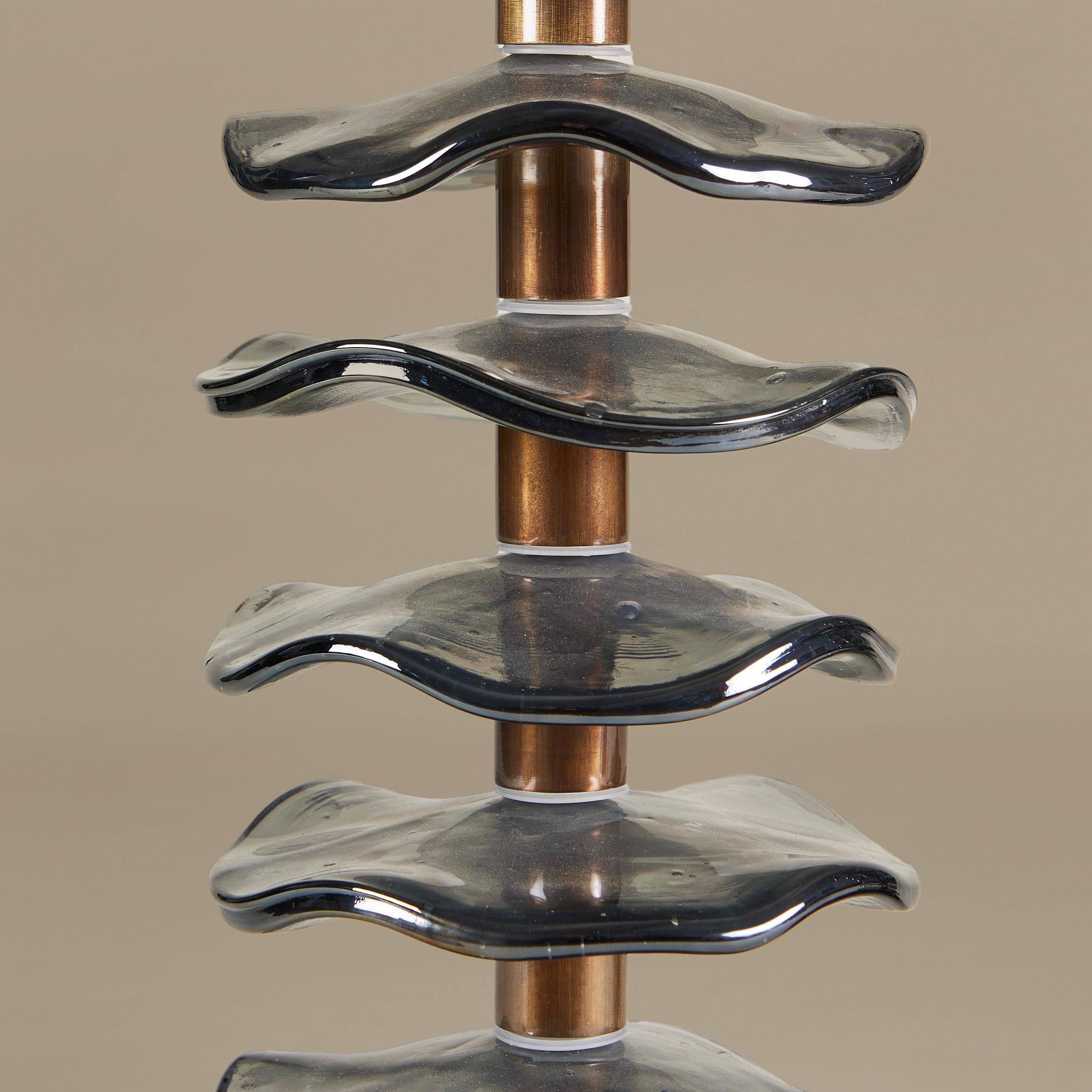 Contemporary Pair of Italian Murano grey iridescent petal lamps with brass detailing, modern For Sale