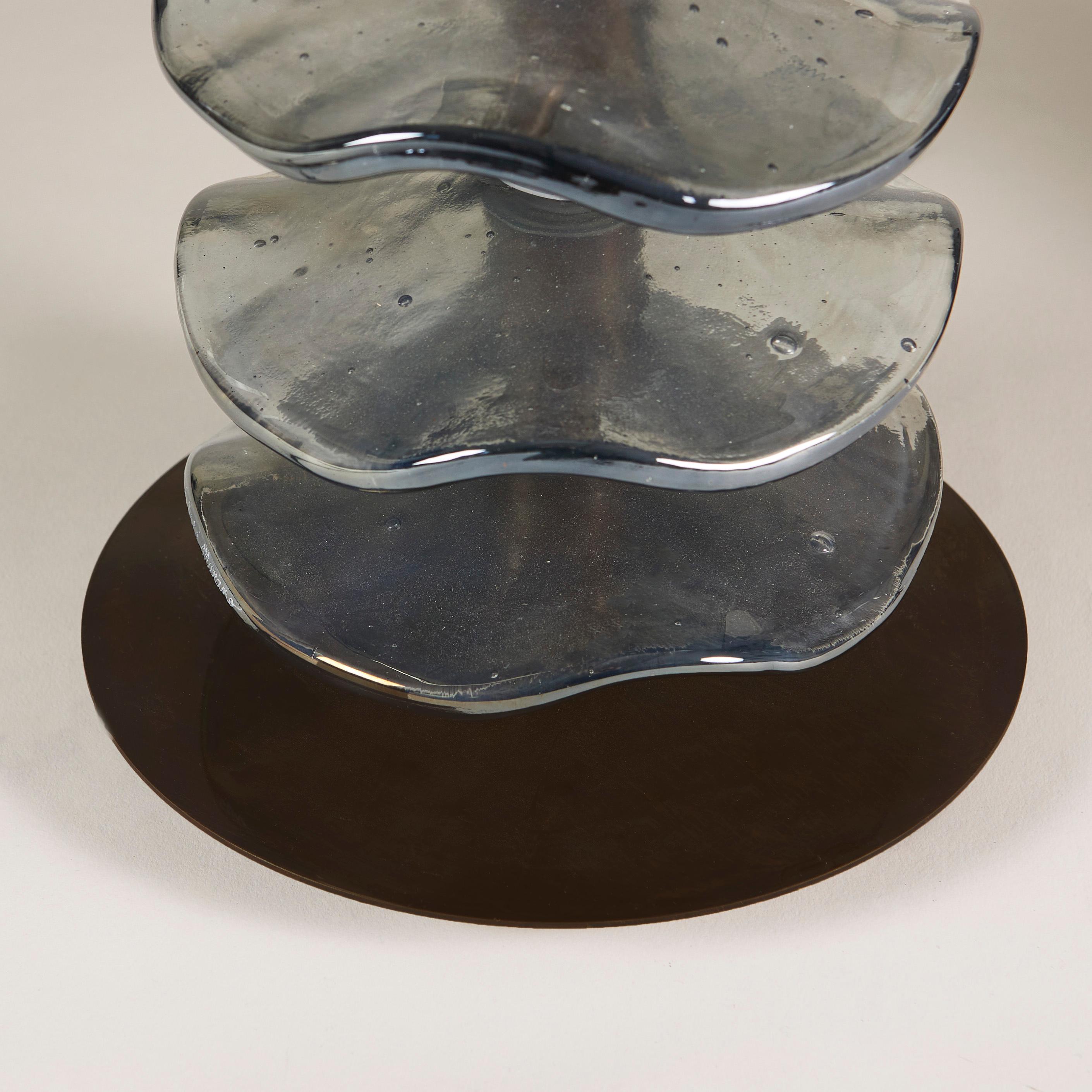 Brass Pair of Italian Murano grey iridescent petal lamps with brass detailing, modern For Sale