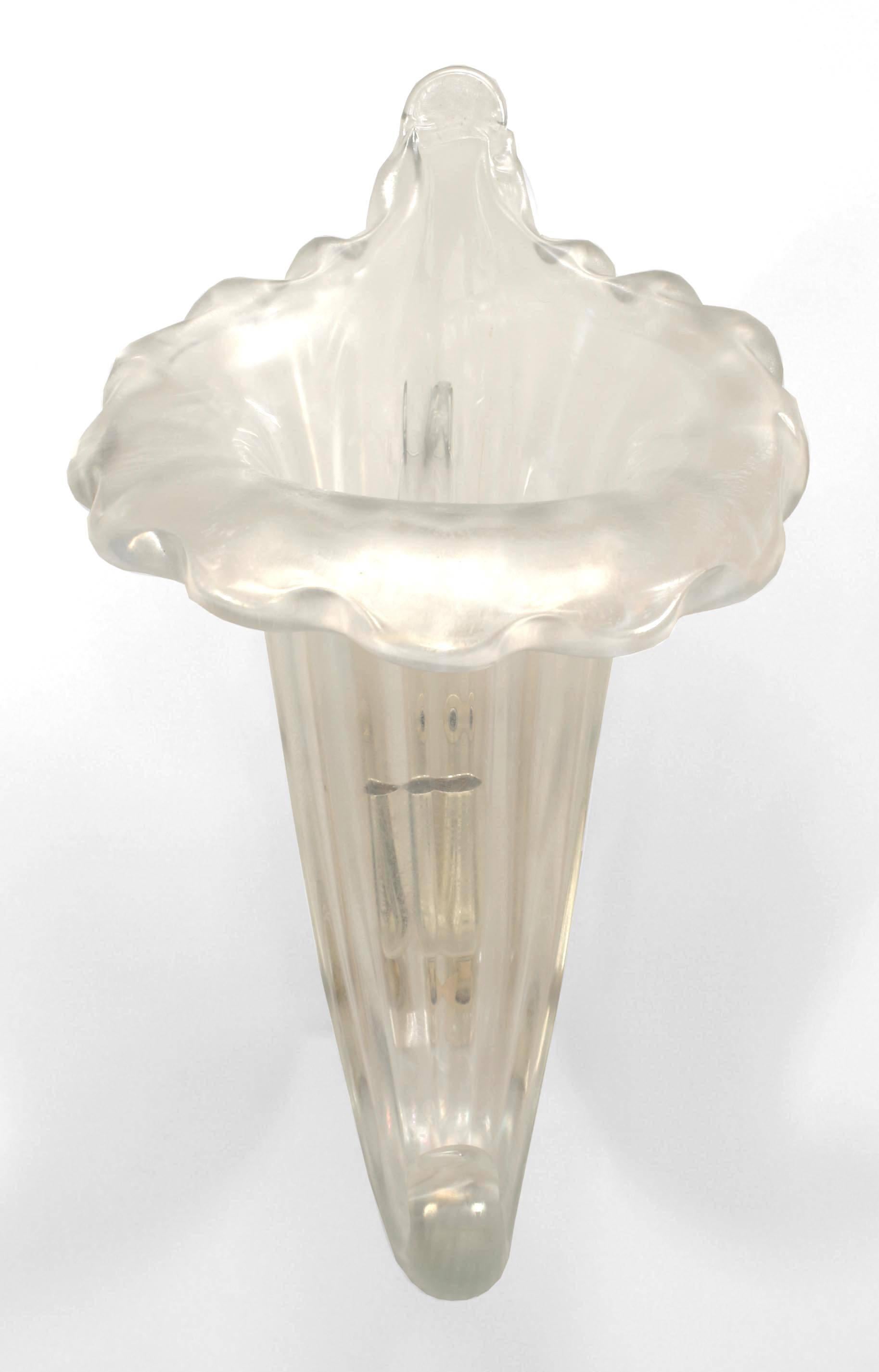 4 Italian Murano iridescent glass wall sconces with a fluted cornucopia form supported by a brass bracket. (PRICED EACH)
