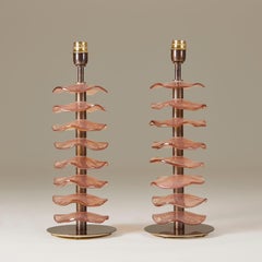Pair of Italian Murano peach / pink petal lamps with brass detailing