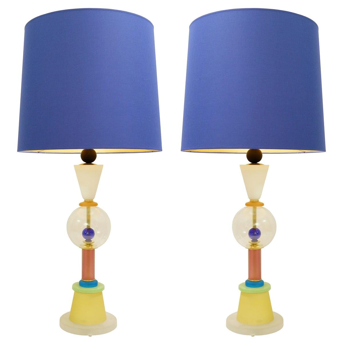 Pair of Italian Murano Lamps in Colored Sandblasted Glass 