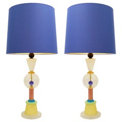 Pair of Italian Murano Lamps in Colored Sandblasted Glass