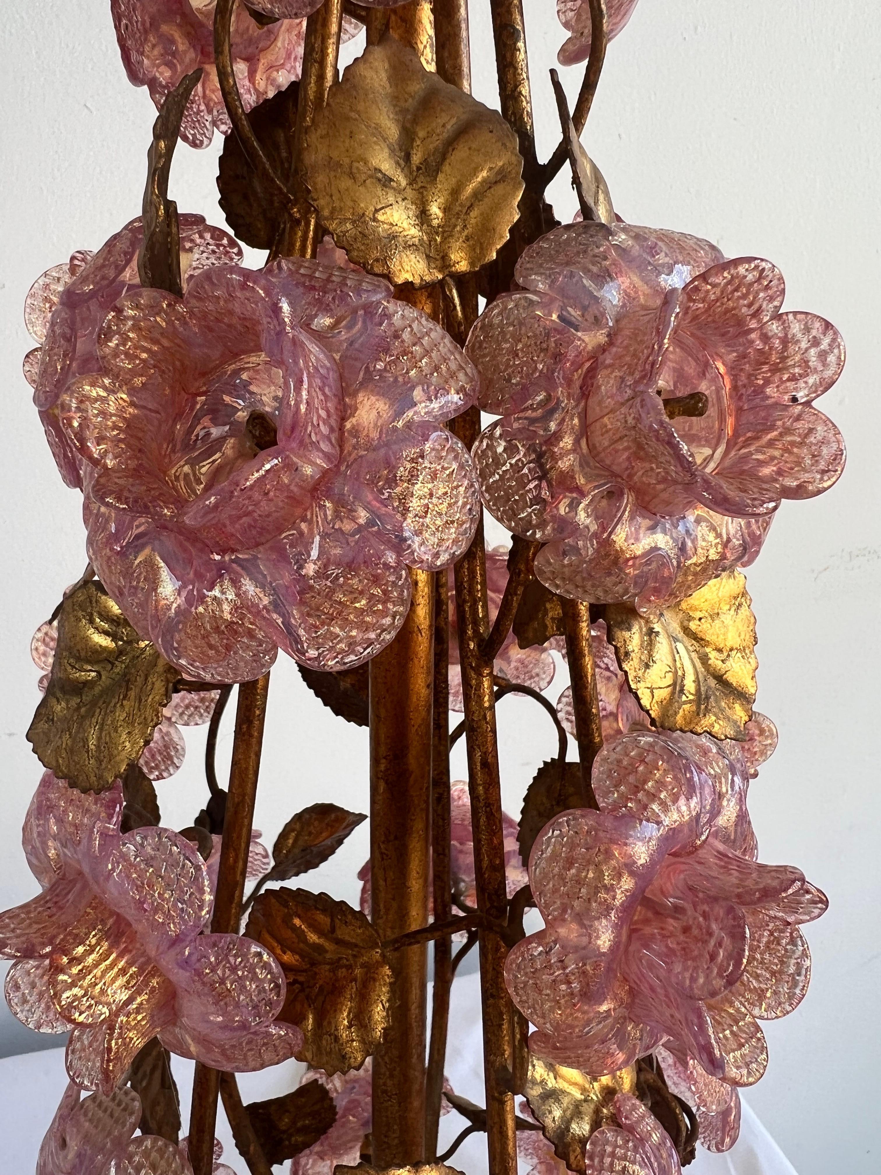 Pair of Italian Murano Lamps w/ Pink Flowers & Parchment Shades 4