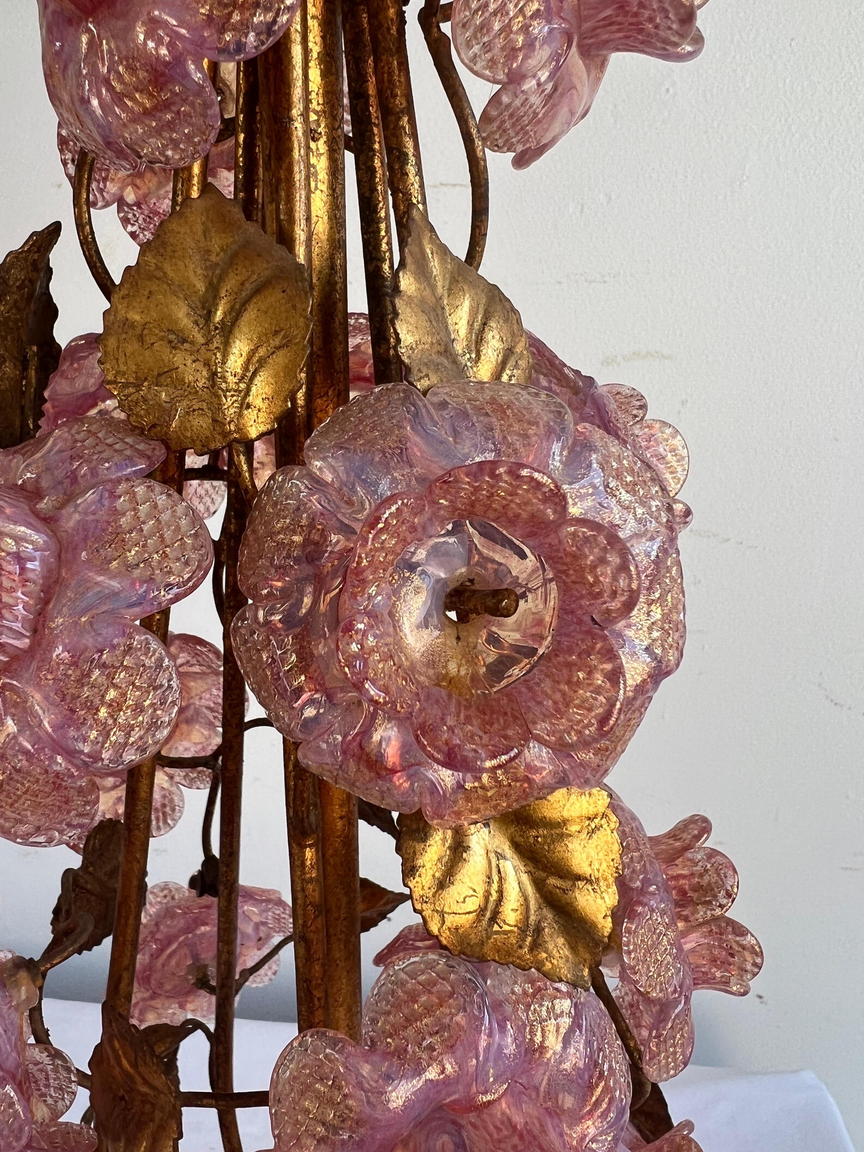 Pair of Italian Murano Lamps w/ Pink Flowers & Parchment Shades 5