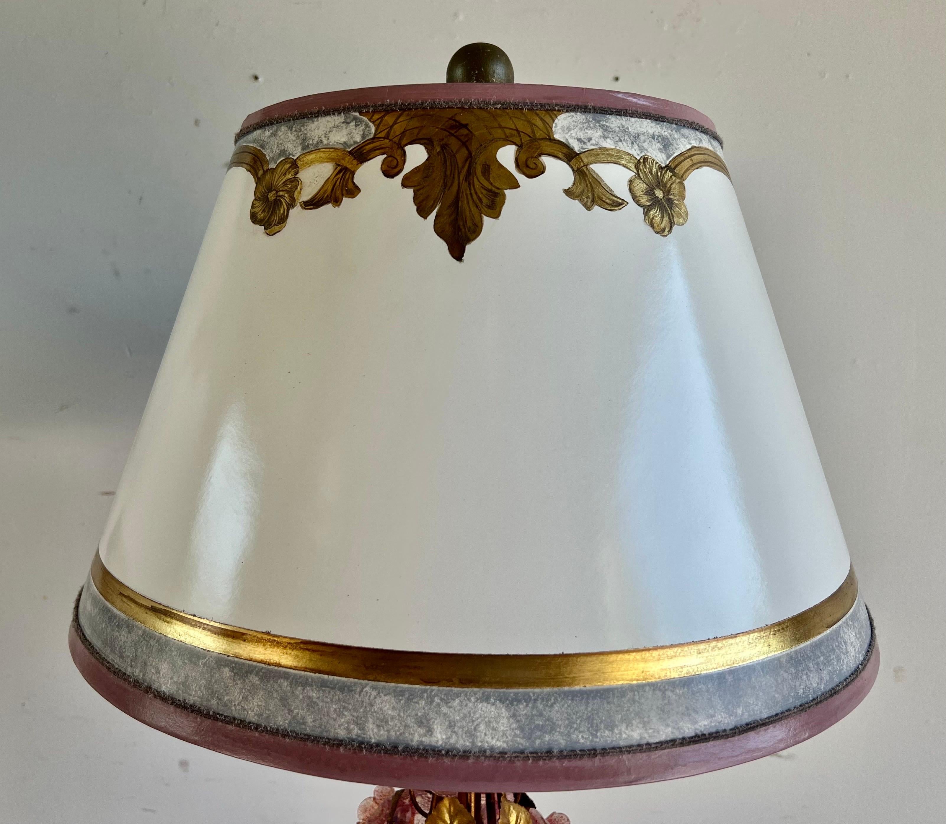 Pair of Italian Murano Lamps w/ Pink Flowers & Parchment Shades 7