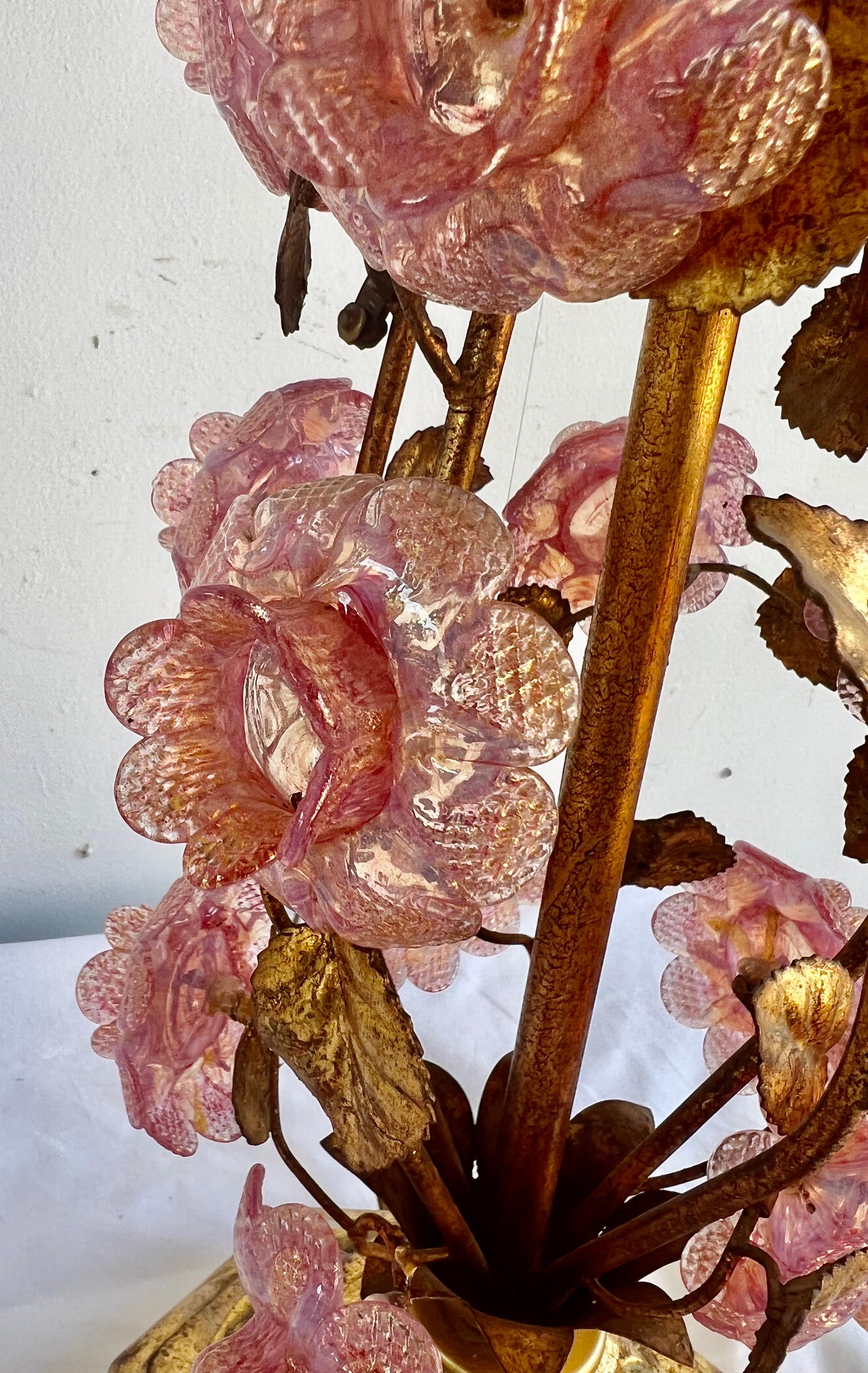 Pair of Italian Murano Lamps w/ Pink Flowers & Parchment Shades 9