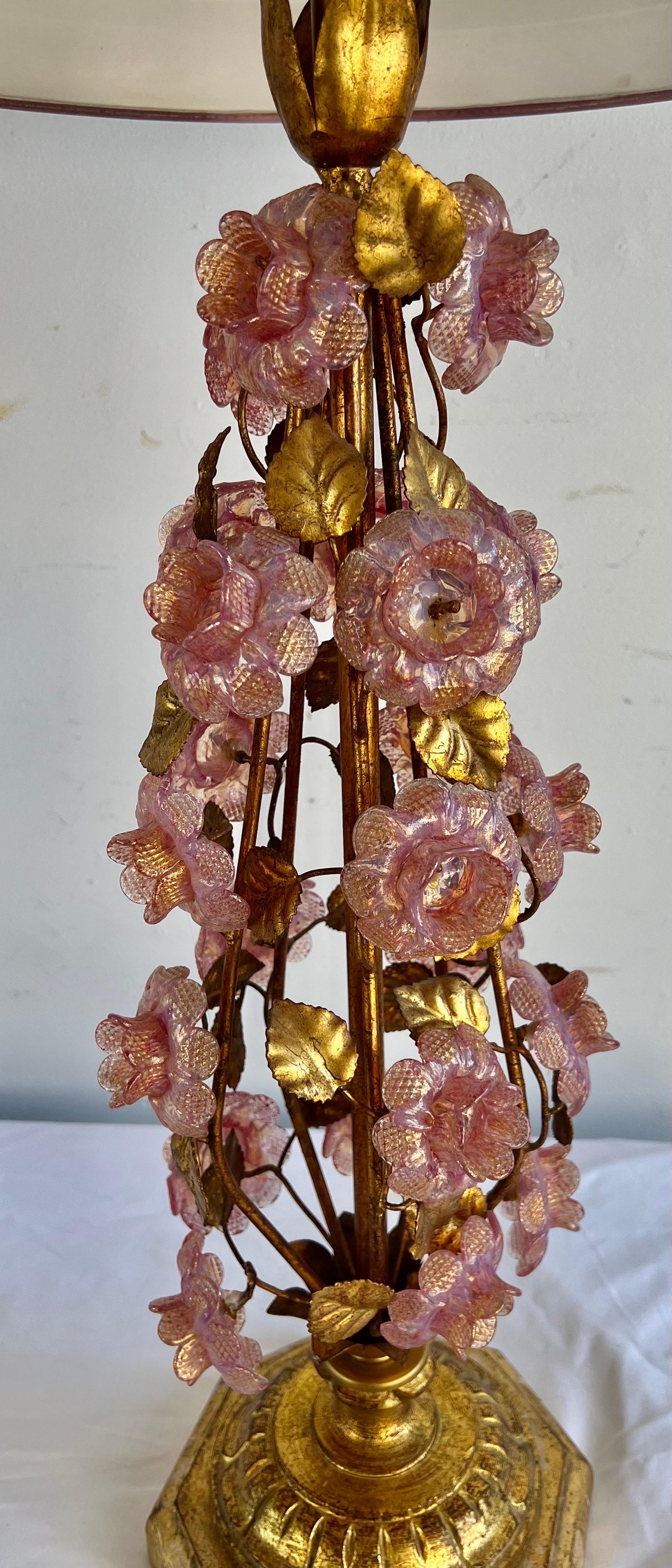 Mid-Century Modern Pair of Italian Murano Lamps w/ Pink Flowers & Parchment Shades