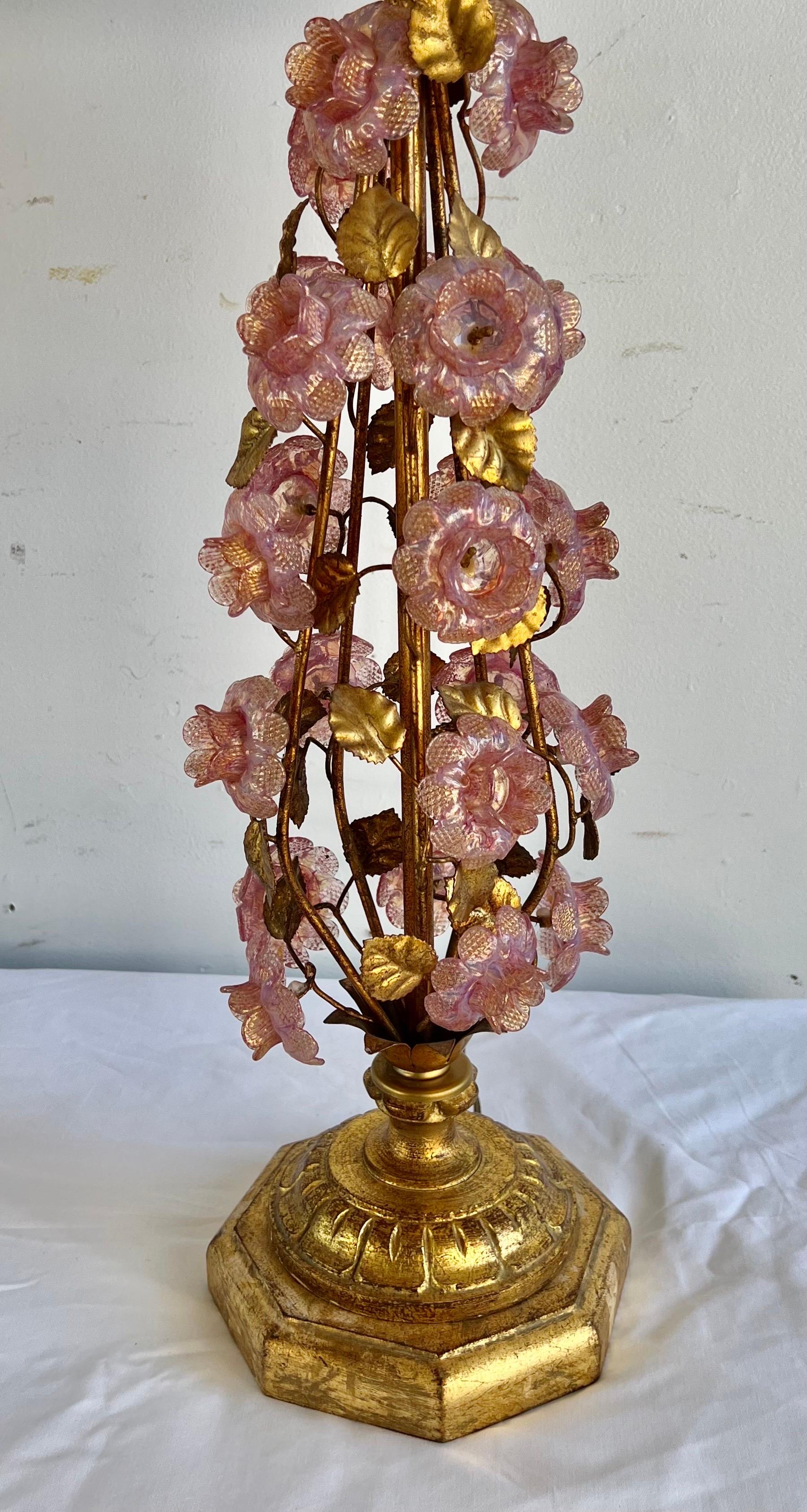 Pair of Italian Murano Lamps w/ Pink Flowers & Parchment Shades In Good Condition In Los Angeles, CA