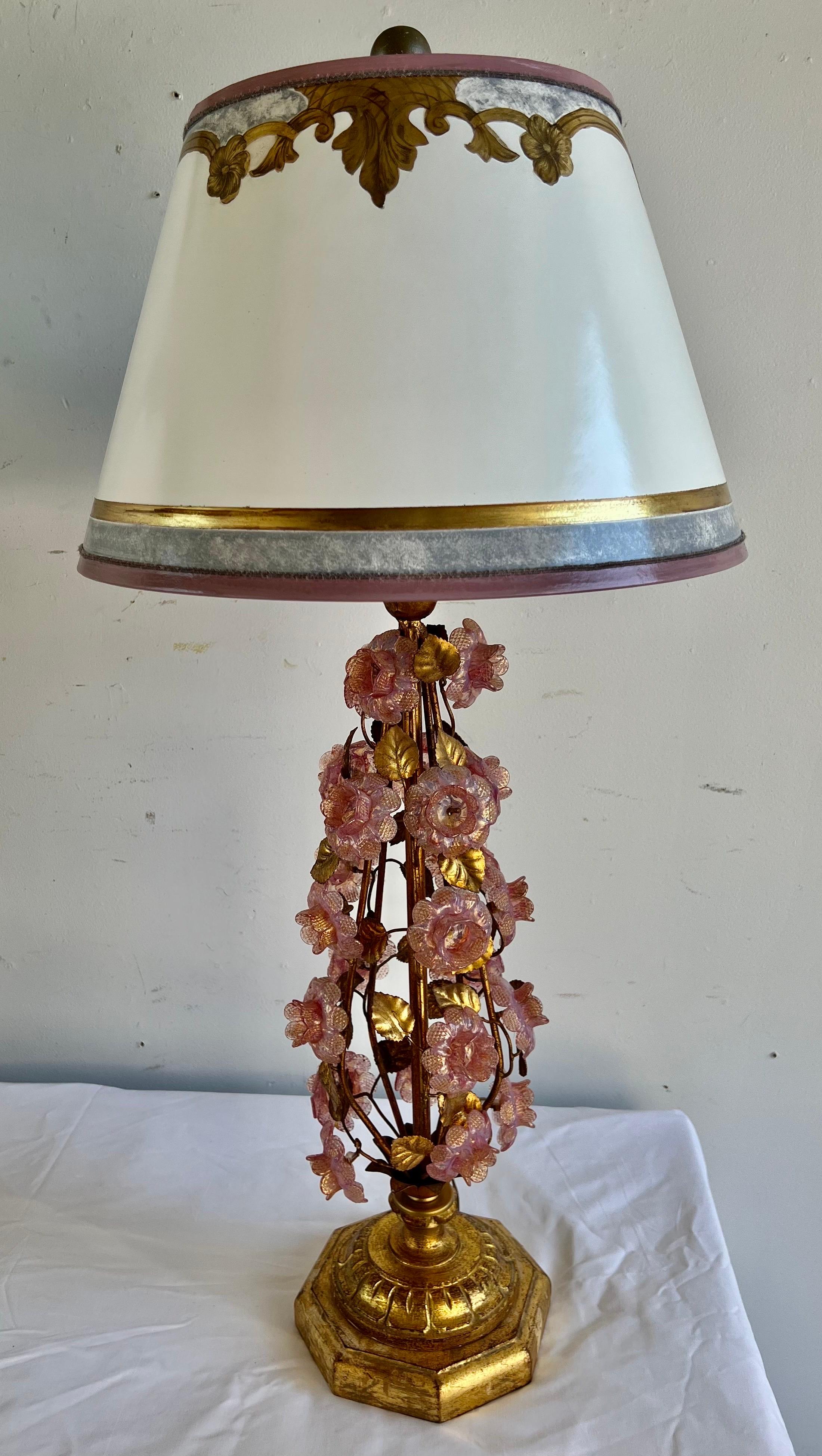 20th Century Pair of Italian Murano Lamps w/ Pink Flowers & Parchment Shades