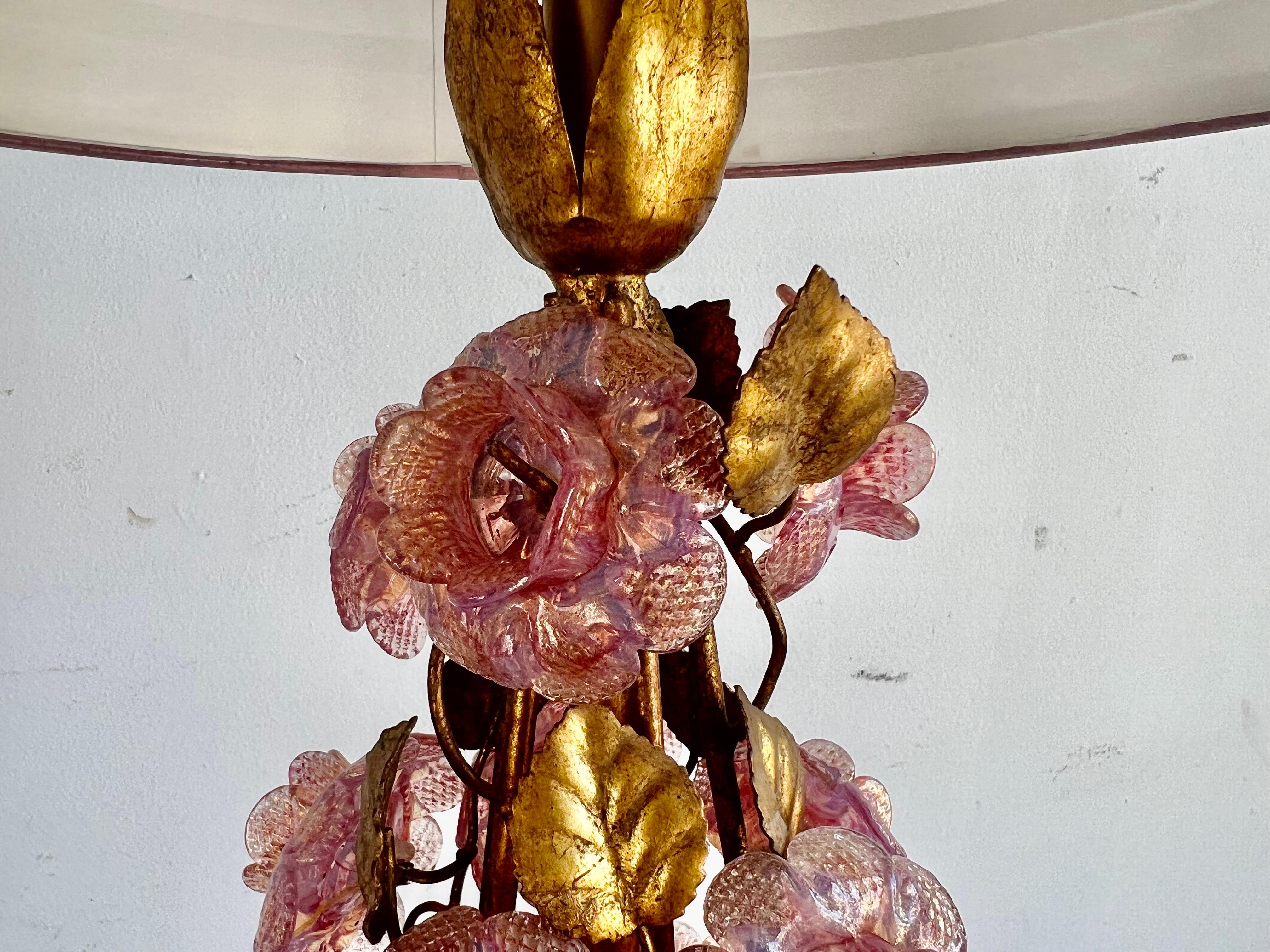 Blown Glass Pair of Italian Murano Lamps w/ Pink Flowers & Parchment Shades