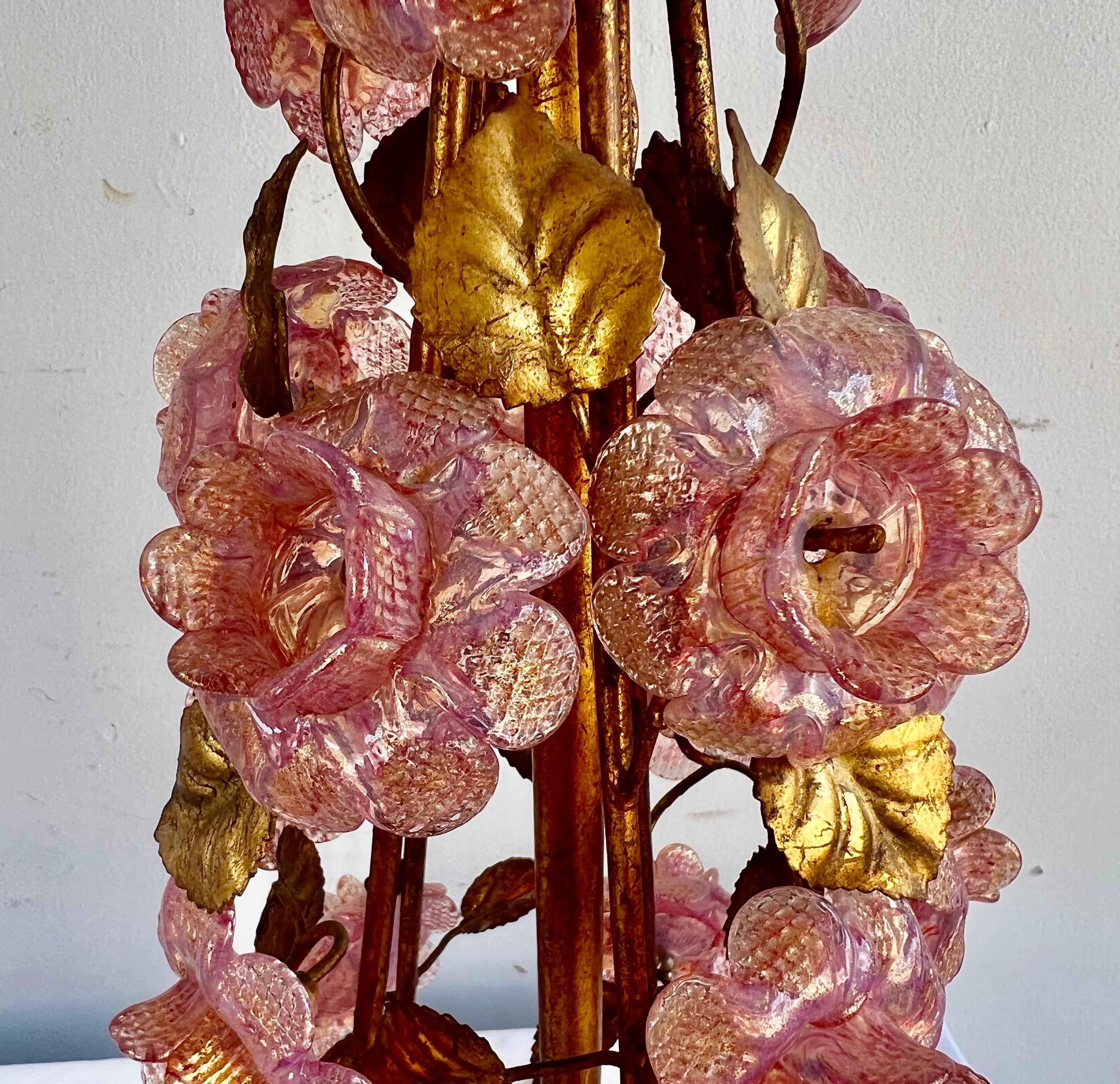 Pair of Italian Murano Lamps w/ Pink Flowers & Parchment Shades 1