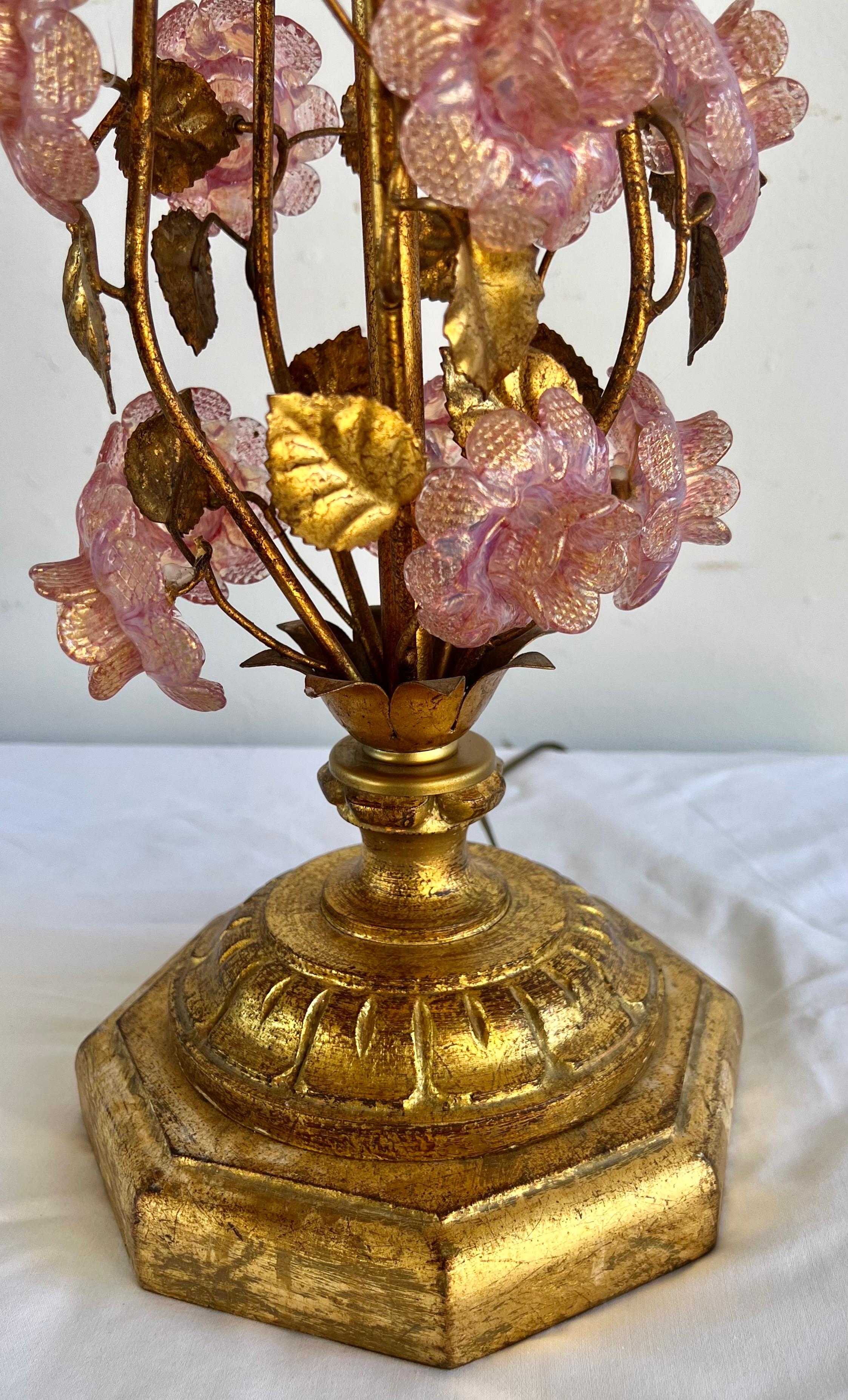Pair of Italian Murano Lamps w/ Pink Flowers & Parchment Shades 2