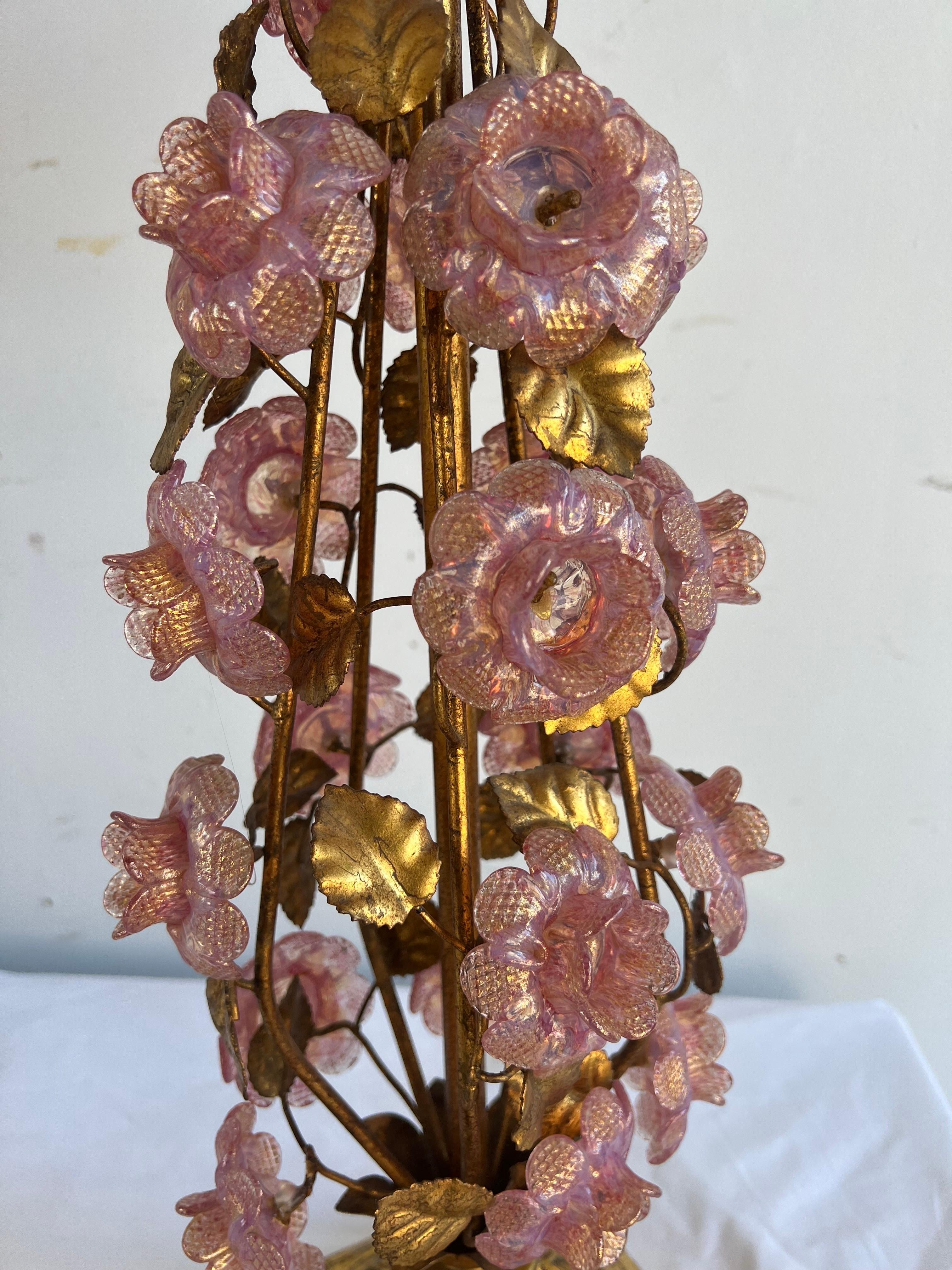 Pair of Italian Murano Lamps w/ Pink Flowers & Parchment Shades 3