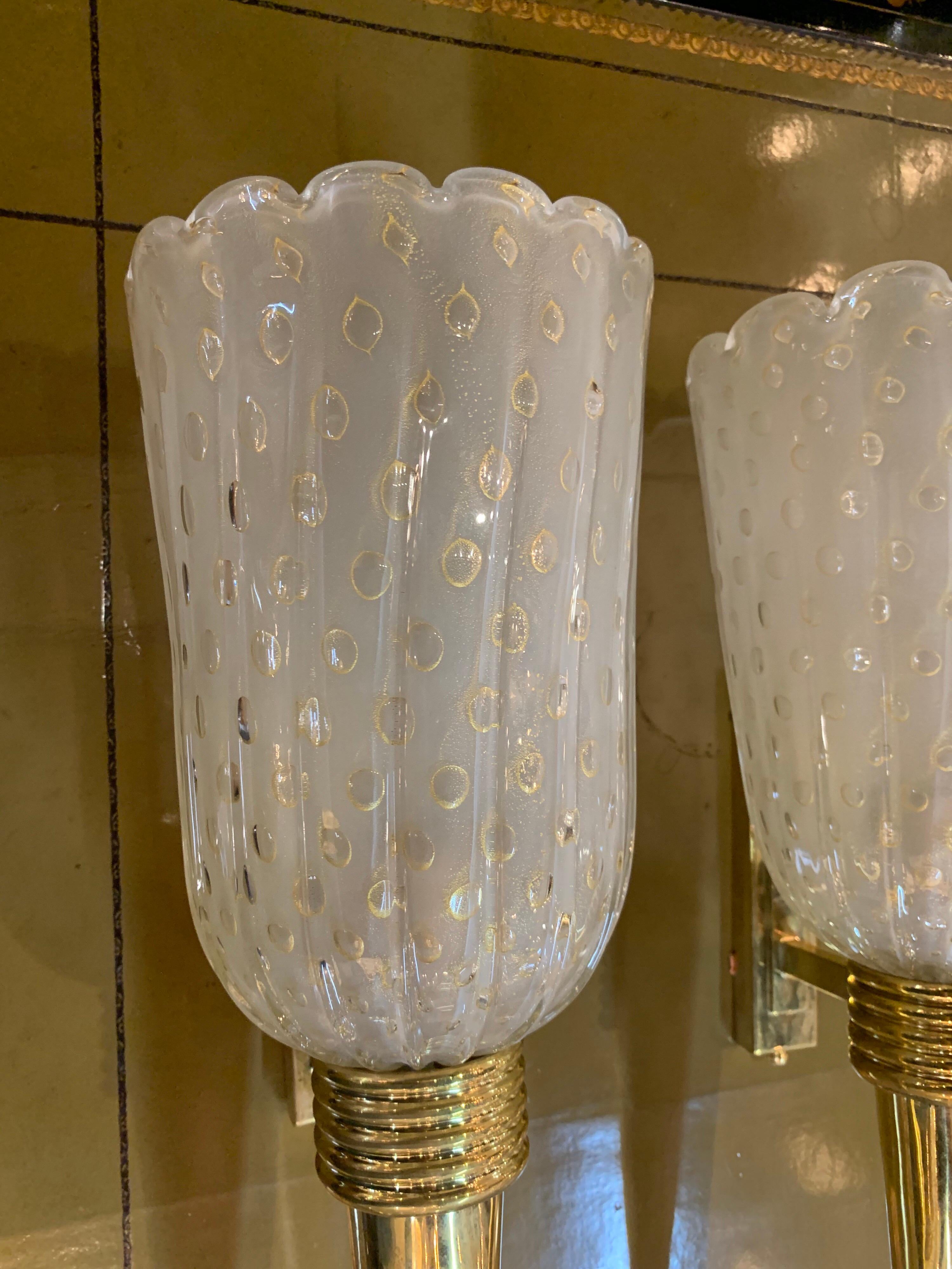 Pair of Italian Murano Midcentury Brass and Glass Sconces In Good Condition In Dallas, TX