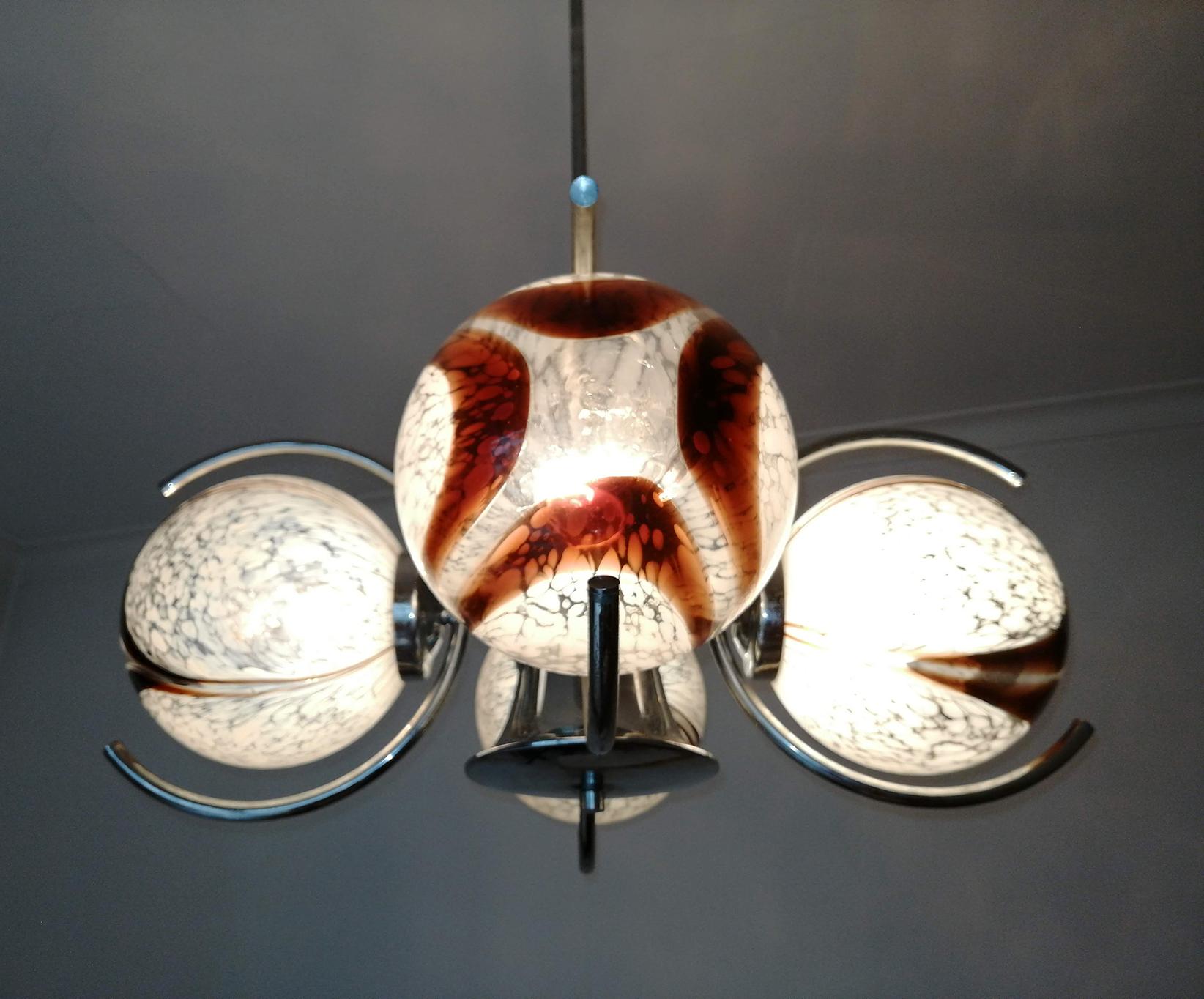 Pair of Italian Murano Nason Mazzega Amber Art Glass Modernist Chrome Chandelier For Sale 5