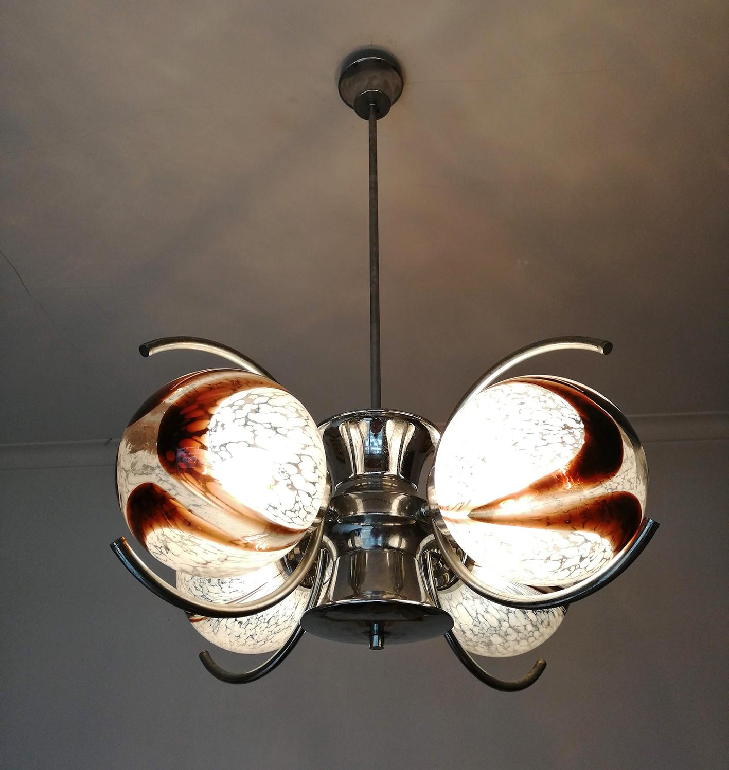 Pair of Italian Murano Nason Mazzega Amber Art Glass Modernist Chrome Chandelier For Sale 6