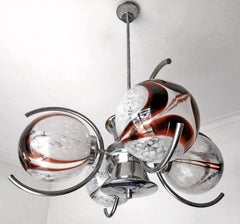 Pair of Italian Murano Nason Mazzega Amber Art Glass Modernist Chrome Chandelier