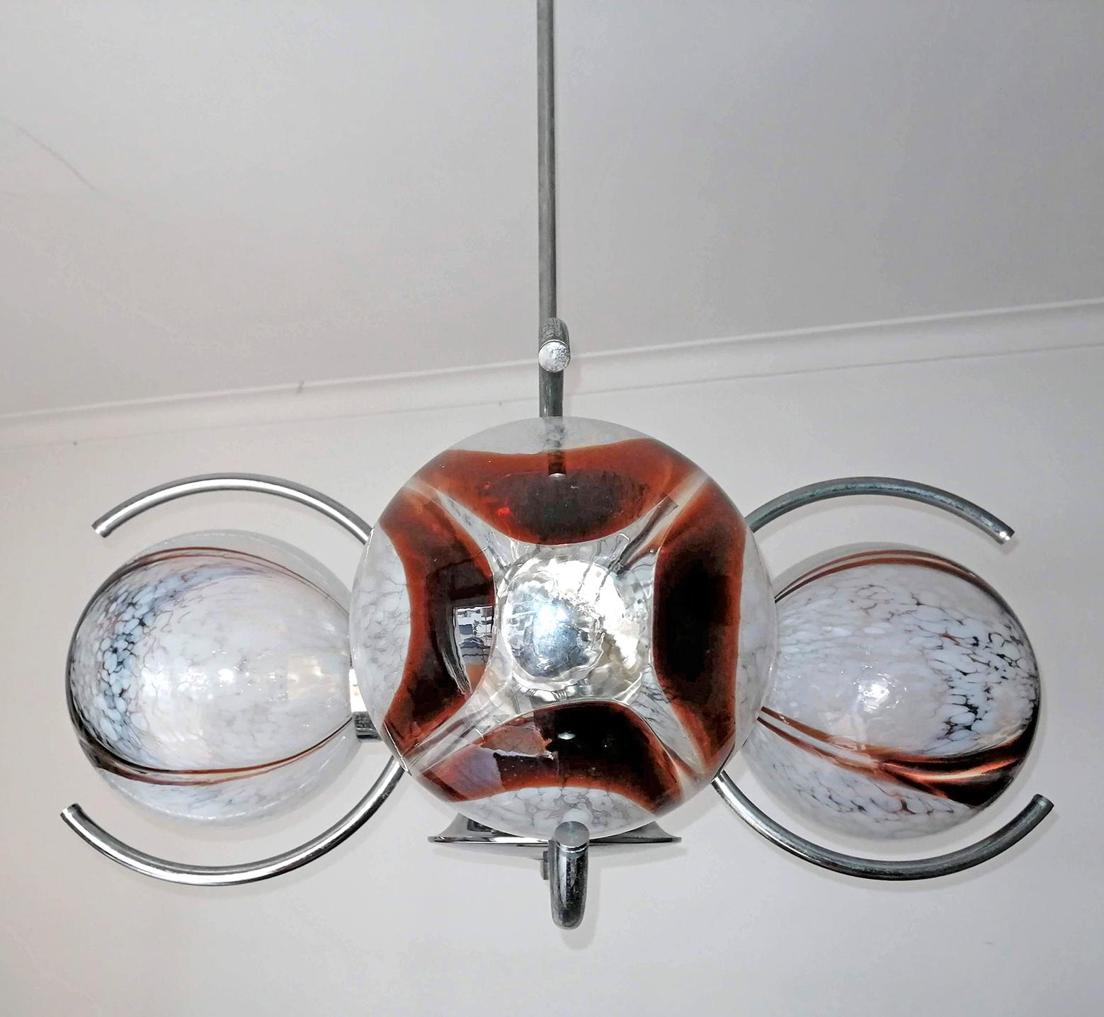 Mid-20th Century Pair of Italian Murano Nason Mazzega Amber Art Glass Modernist Chrome Chandelier For Sale