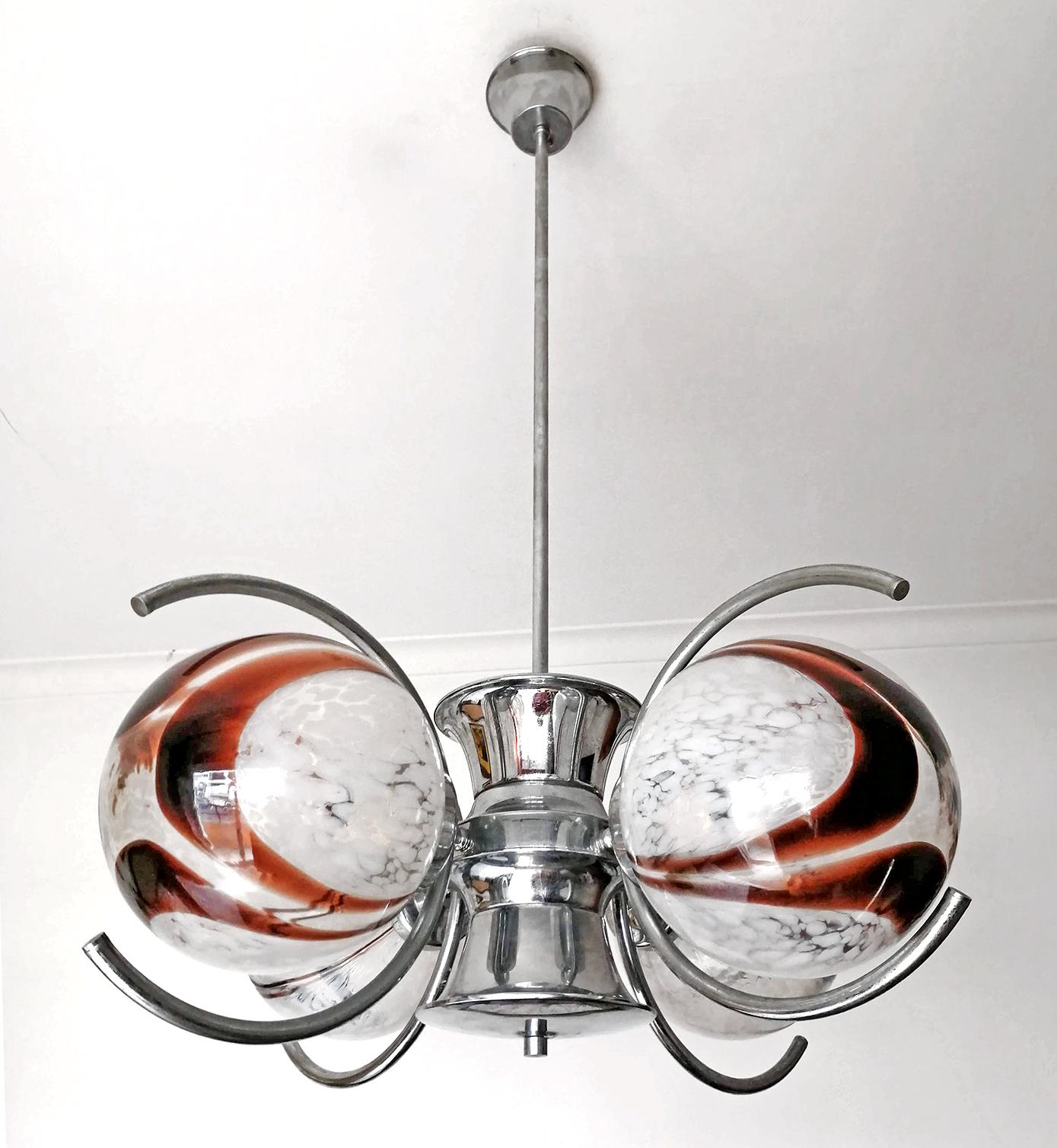 Pair of Italian Murano Nason Mazzega Amber Art Glass Modernist Chrome Chandelier For Sale 1