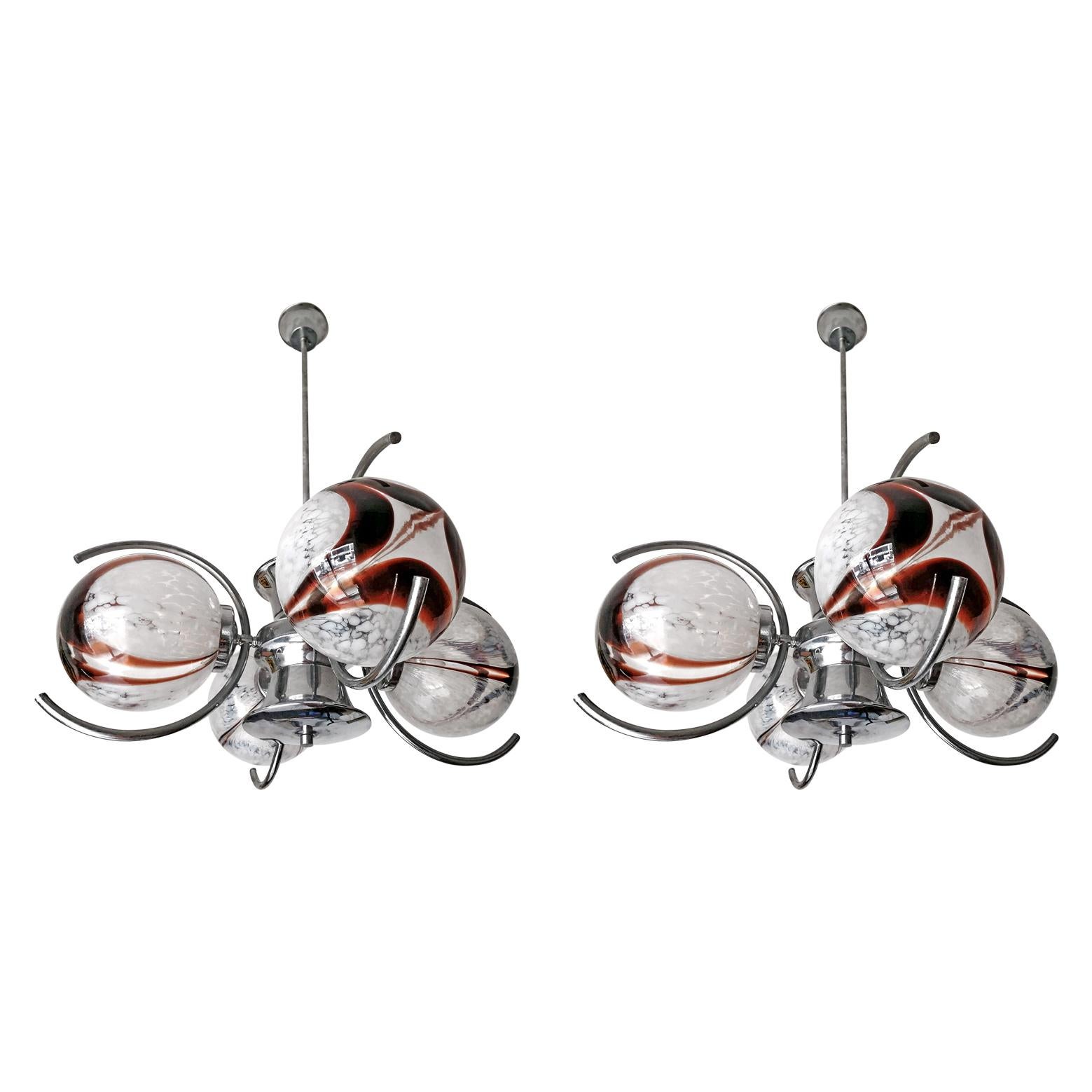 Pair of Italian Murano Nason Mazzega Amber Art Glass Modernist Chrome Chandelier For Sale