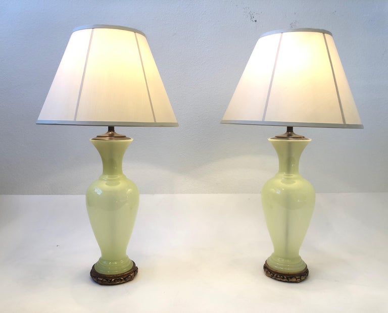 Pair of Italian Murano Opaline Glass and Bronze Table Lamps 6