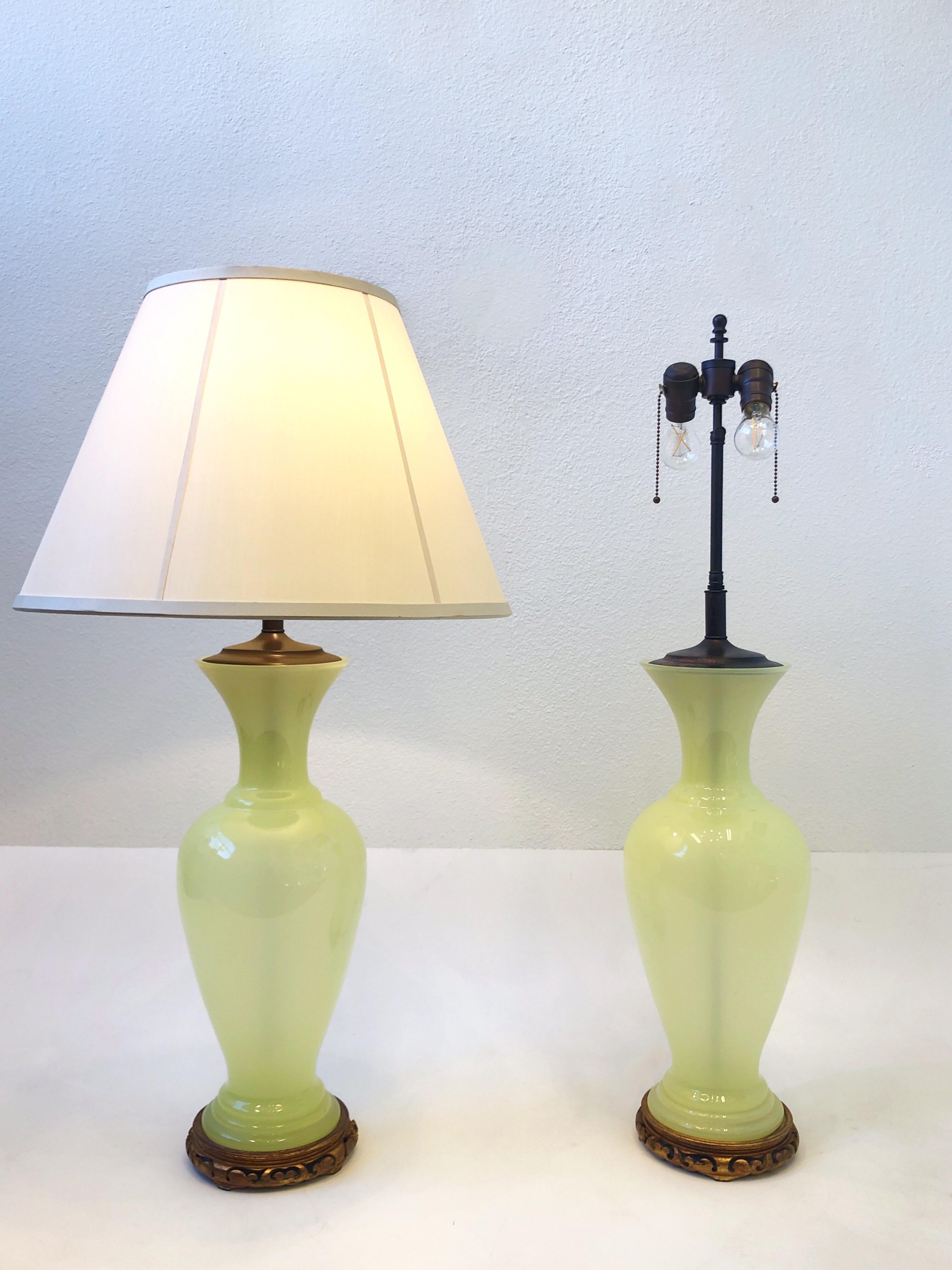 Modern Pair of Italian Murano Opaline Glass and Bronze Table Lamps