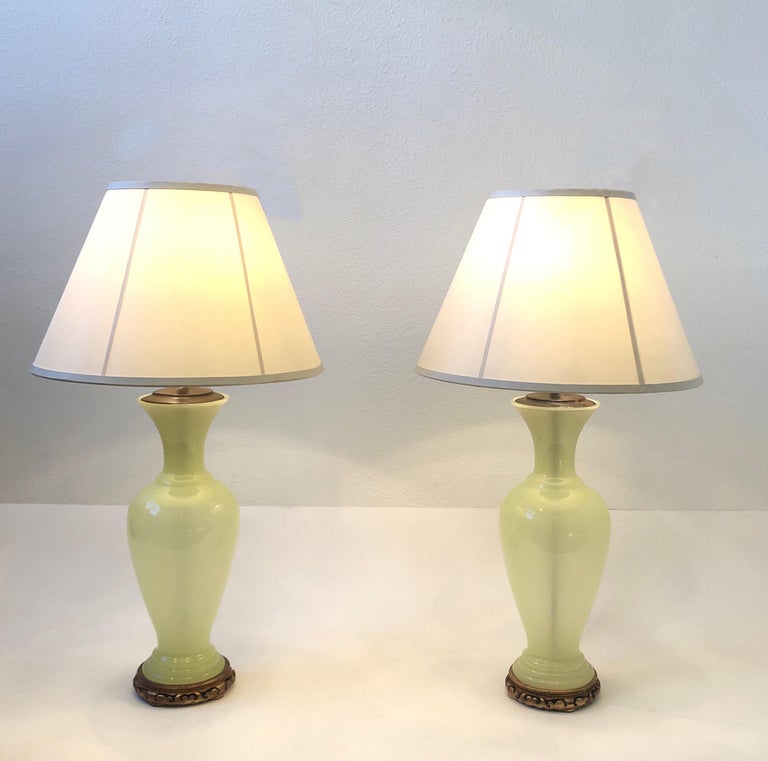 Pair of Italian Murano Opaline Glass and Bronze Table Lamps In Good Condition In Palm Springs, CA