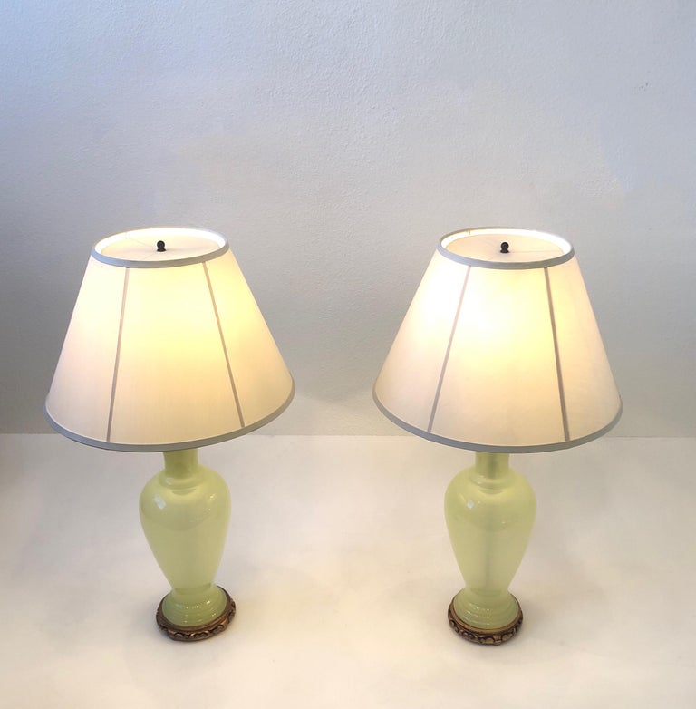 Late 20th Century Pair of Italian Murano Opaline Glass and Bronze Table Lamps