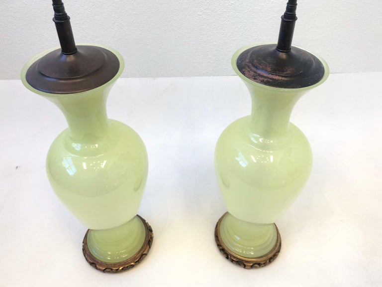 Pair of Italian Murano Opaline Glass and Bronze Table Lamps 2