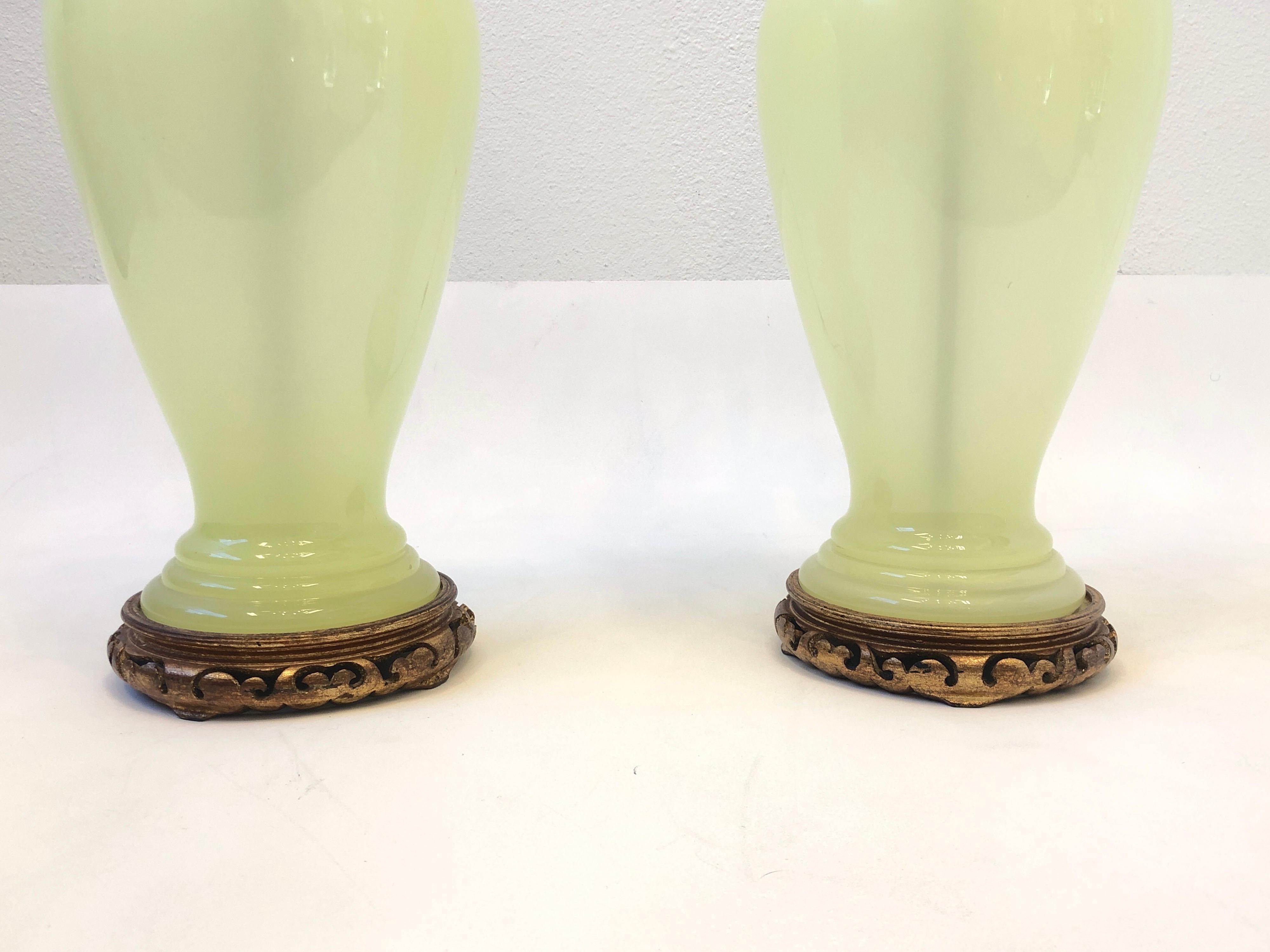 Pair of Italian Murano Opaline Glass and Bronze Table Lamps 4