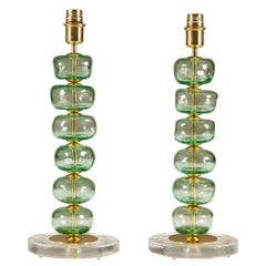 Pair of Italian Murano Pale Green Sculptured Disk / Bubble Table Lamps