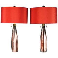 Vintage Pair of Italian Murano Red Striped Glass Lamps with Shades Signed by Donghia