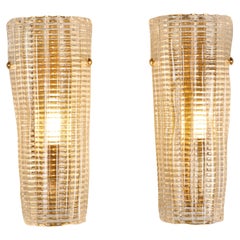 Pair of Italian Murano Ribbed Glass and Brass Wall Lights