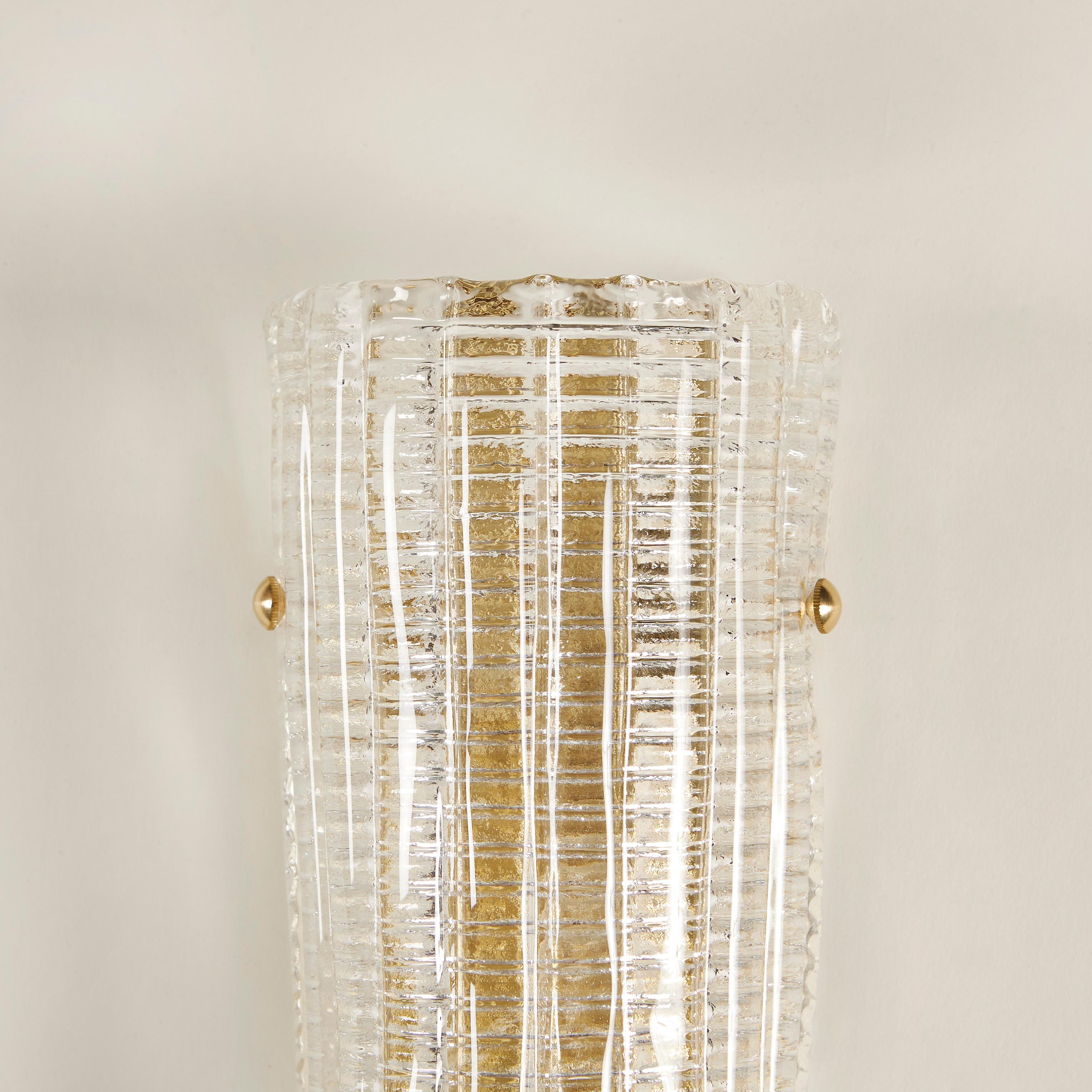 Brass Pair of Italian Murano Ribbed Glass Wall Lights For Sale