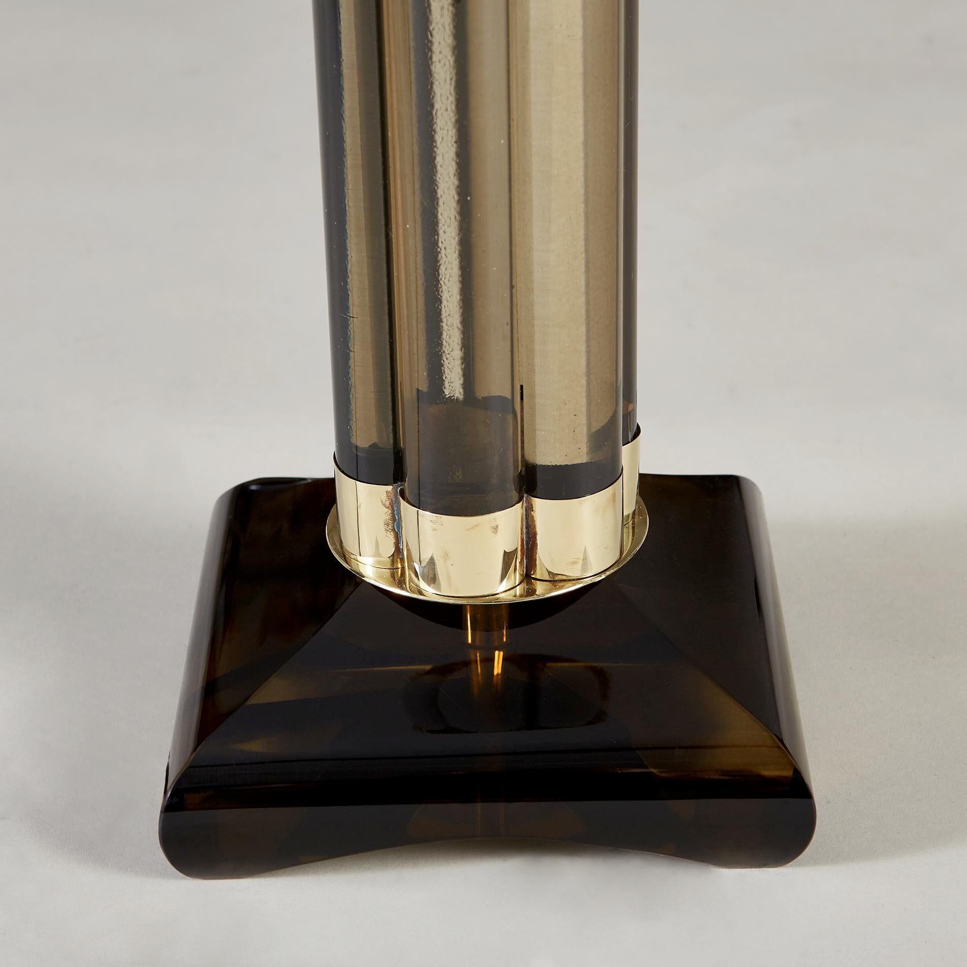 Brass Pair of Italian Murano Smokey Glass 'Column' Lamps For Sale