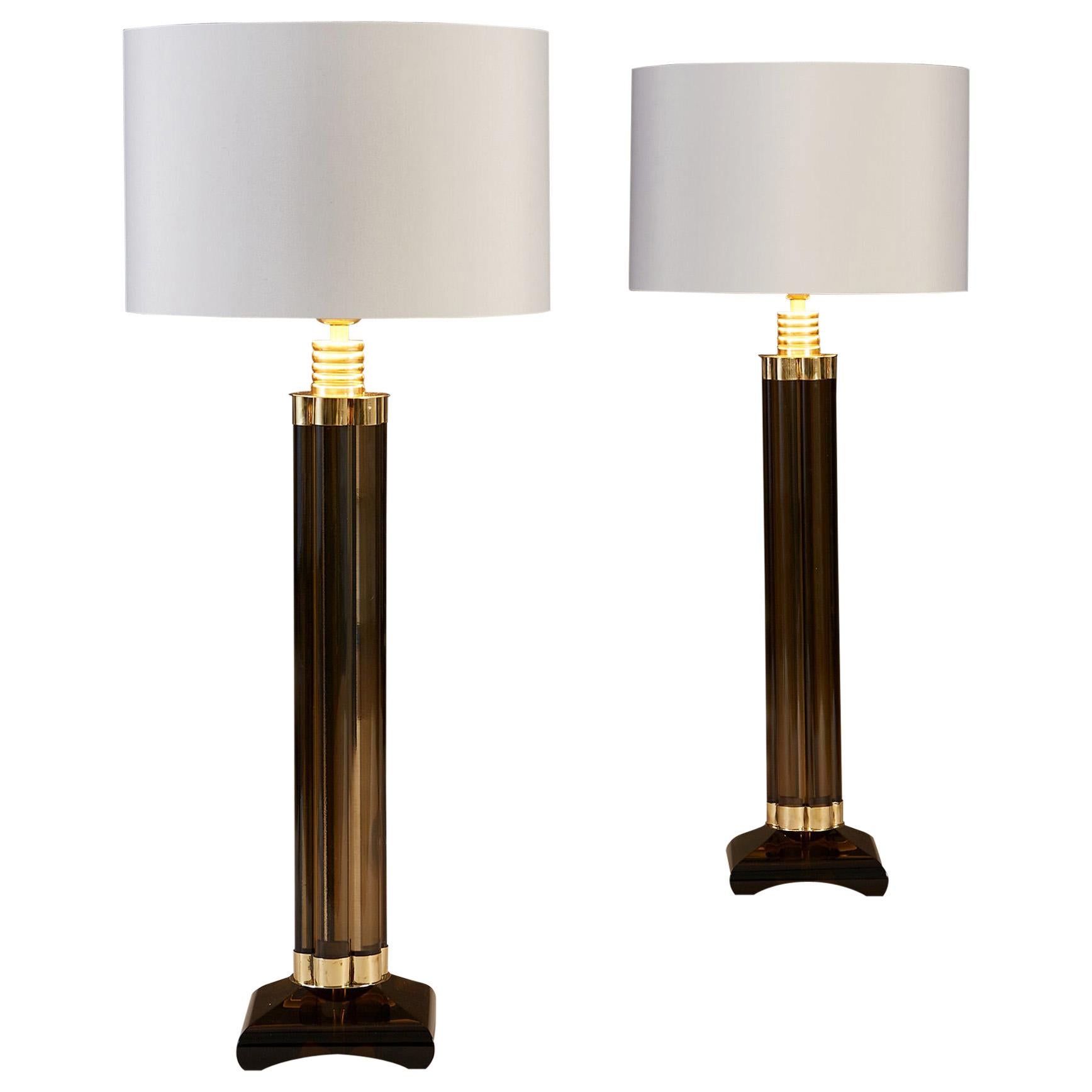 Pair of Italian Murano Smokey Glass 'Column' Lamps For Sale