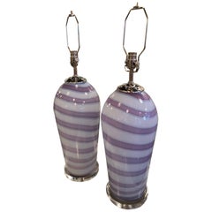 Pair of Italian Murano Swirl Glass Lamps Lavender Lucite Chrome Hardware