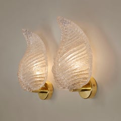 Pair of Italian Murano Textured Leaf Wall Lights with brass backplate