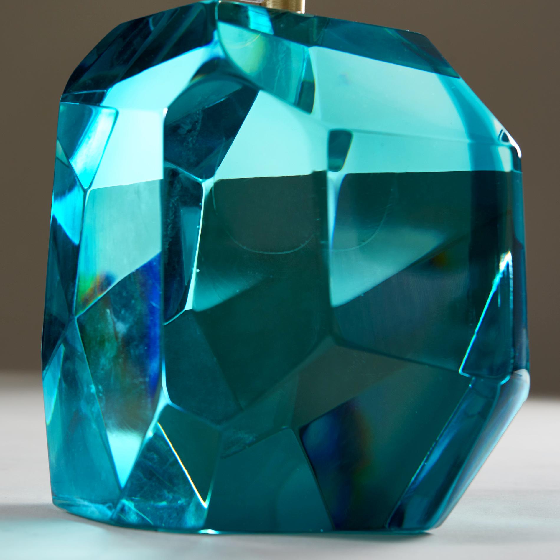 Facetté Paire de lampes de table italiennes Murano Turquoise Rock Jewell en vente
