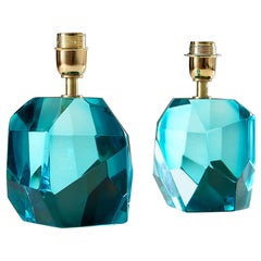 Paire de lampes de table italiennes Murano Turquoise Rock Jewell